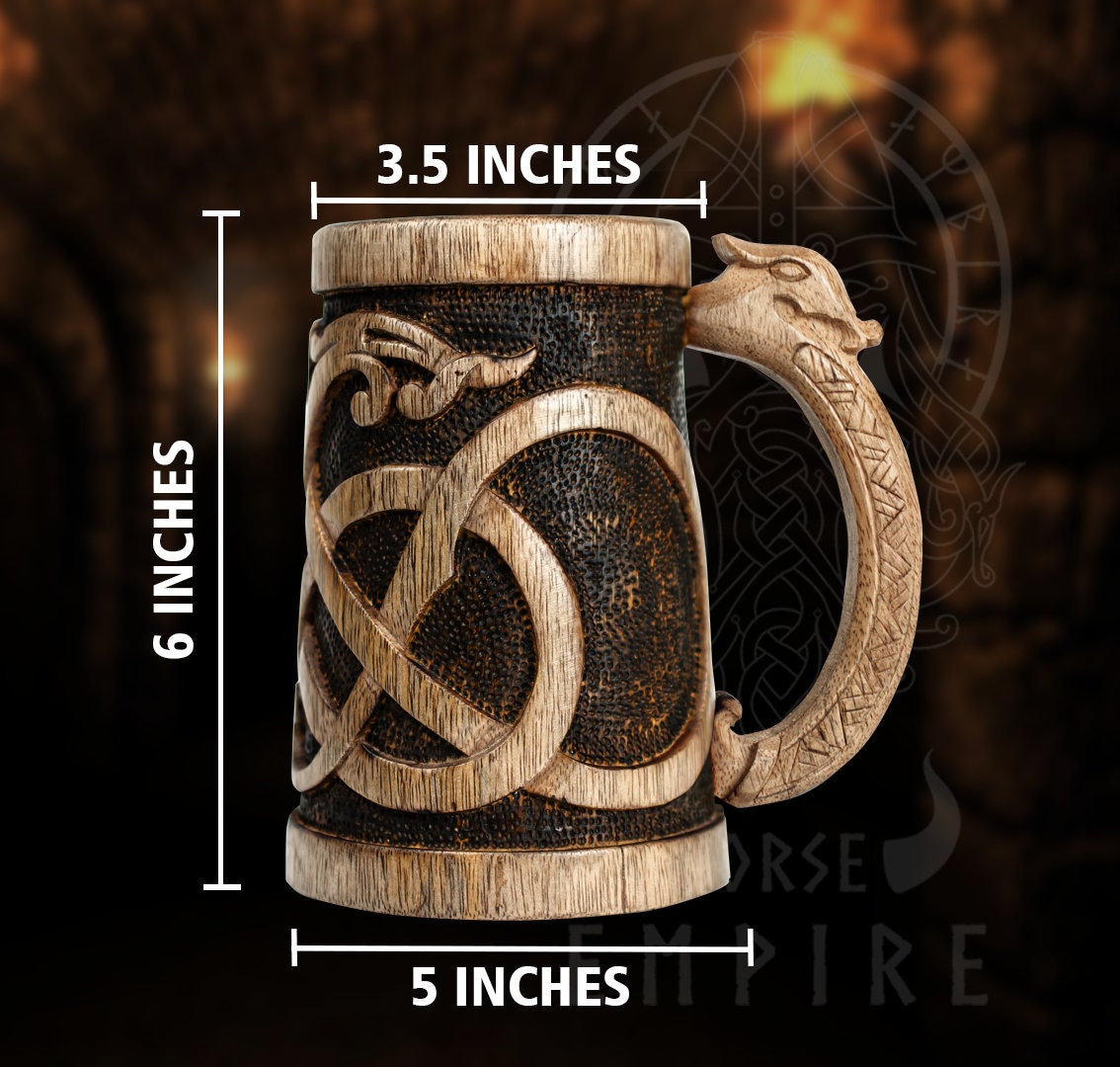 Viking Mug - Norse Empire 20oz Hand Carved Wooden Beer Mug - Urnes Style Viking Tankard