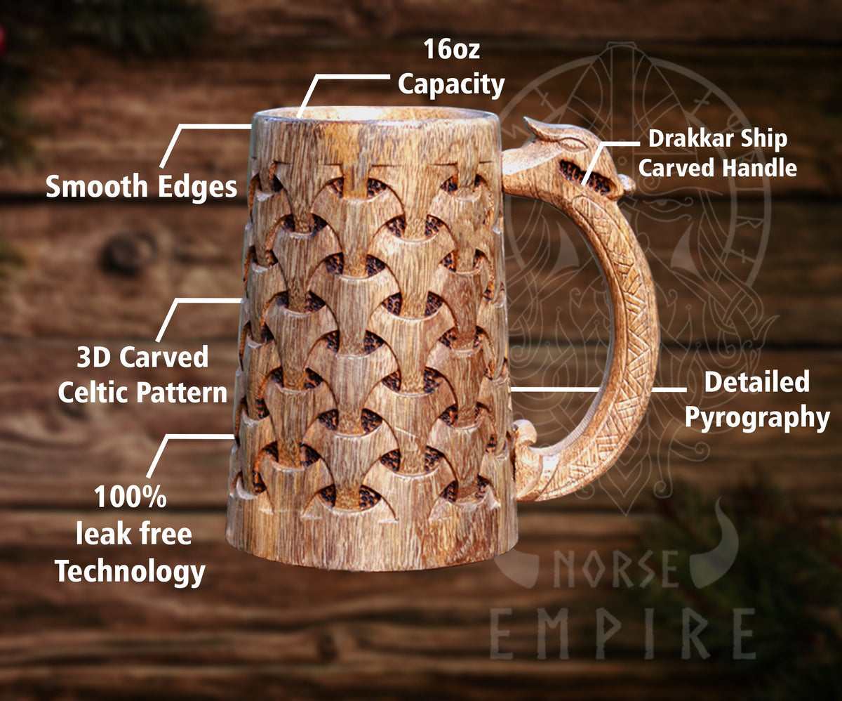 Viking Mug - Handmade Wooden Beer Mug 20oz - Viking Tankard with Celtic Art, Rustic Norse Groomsman