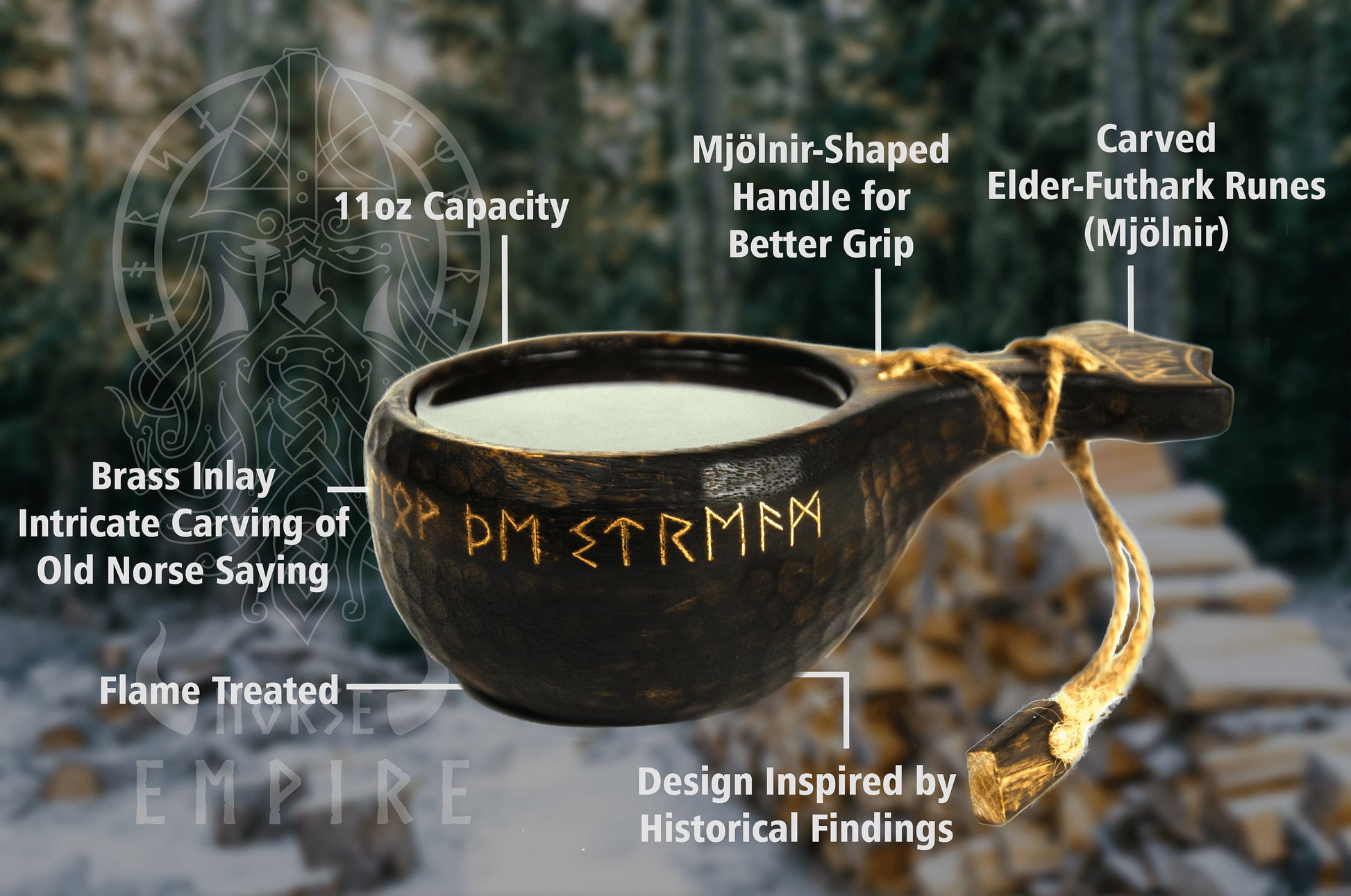Viking Mug - Viking Hand-Engraved Walnut Kuksa Cup - Nordic Style Wooden Camping Mug - 12oz Outdoor