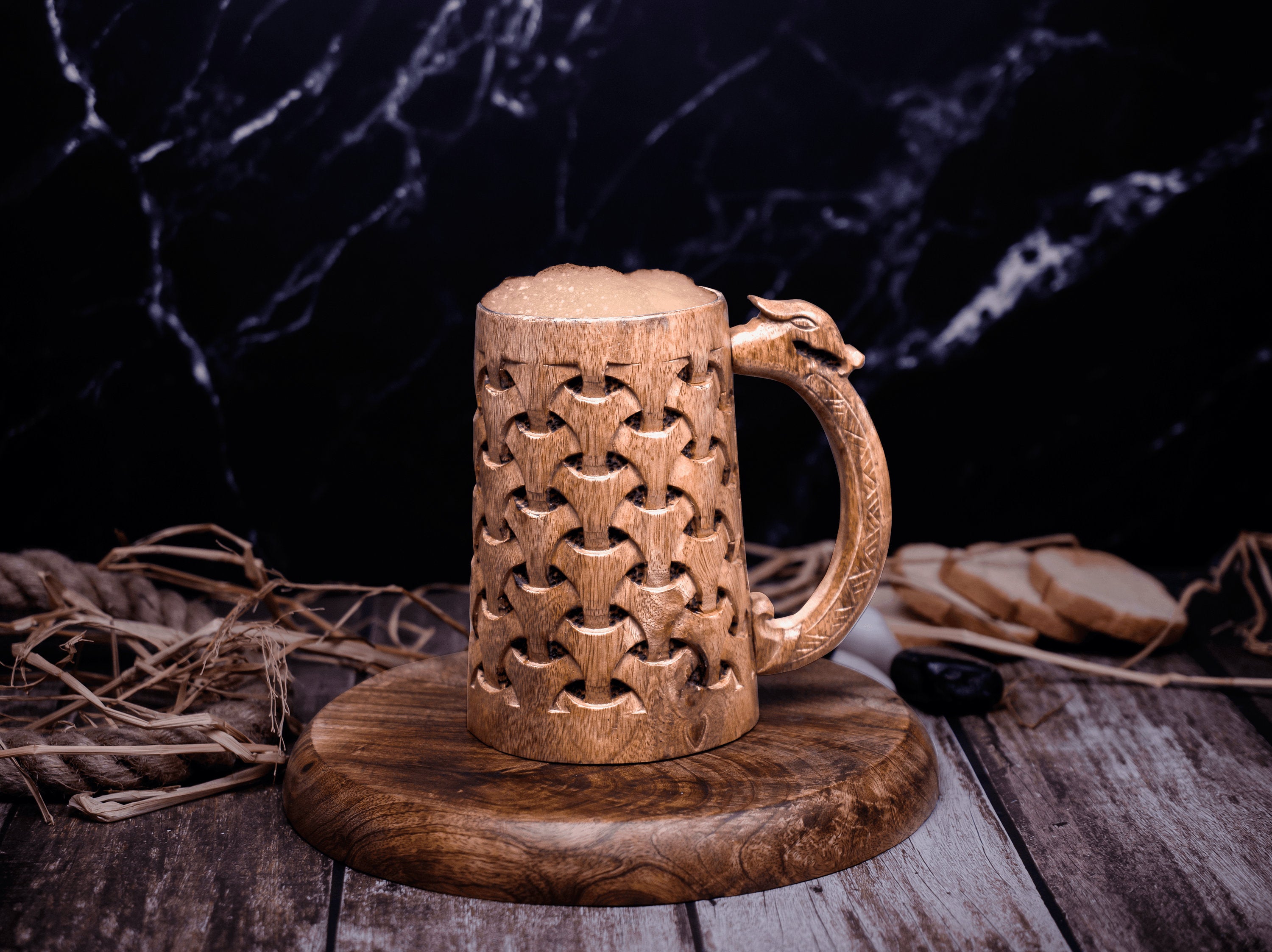 Viking Mug - Handmade Wooden Beer Mug 20oz - Viking Tankard with Celtic Art, Rustic Norse Groomsman