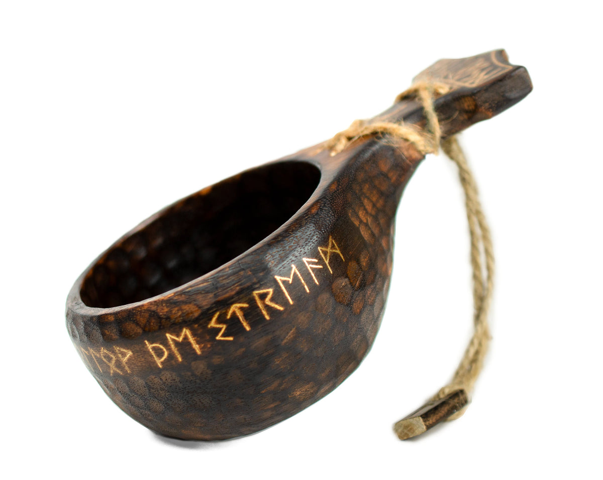 Viking Mug - Viking Hand-Engraved Walnut Kuksa Cup - Nordic Style Wooden Camping Mug - 12oz Outdoor