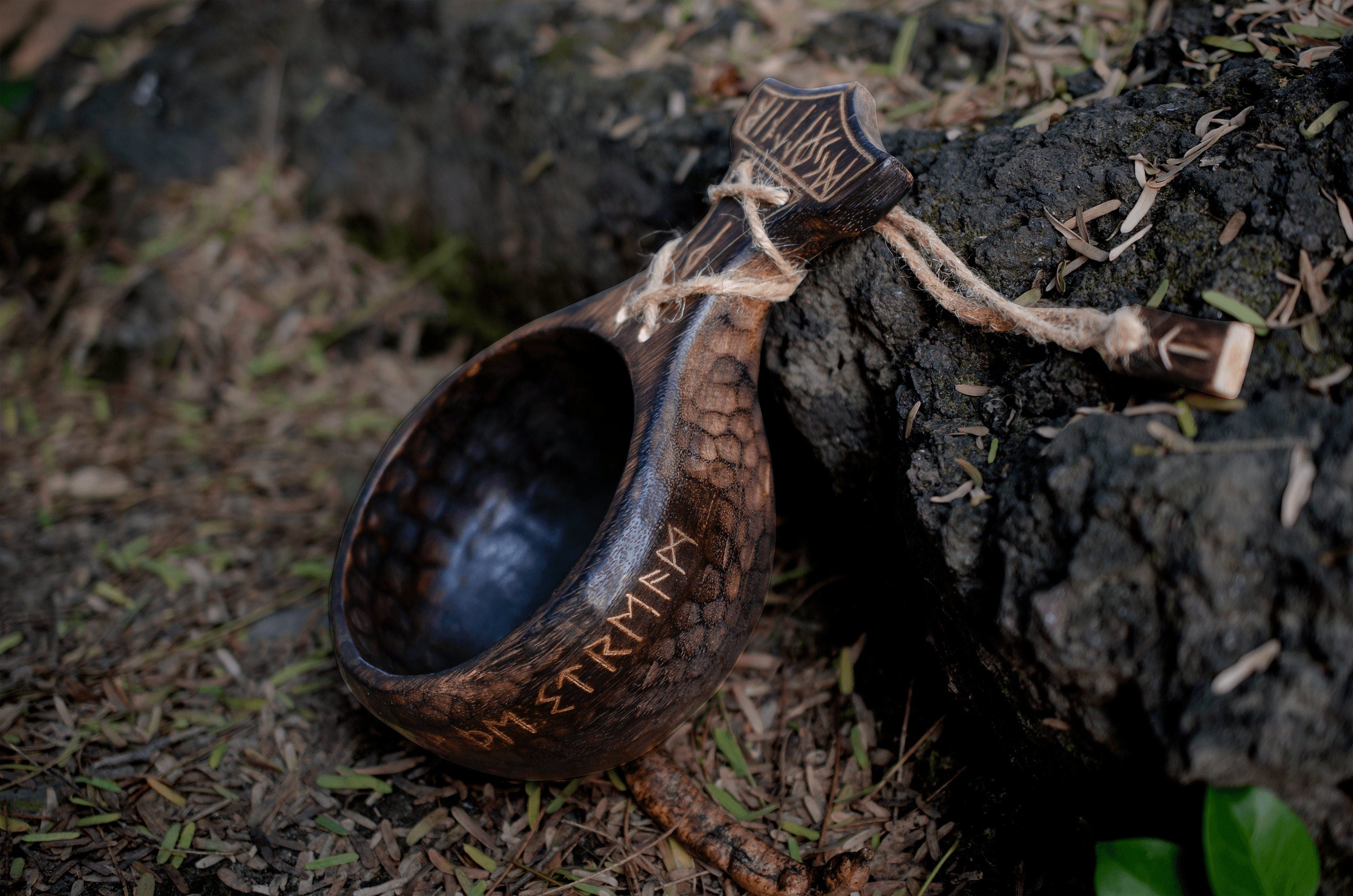 Viking Mug - Viking Hand-Engraved Walnut Kuksa Cup - Nordic Style Wooden Camping Mug - 12oz Outdoor