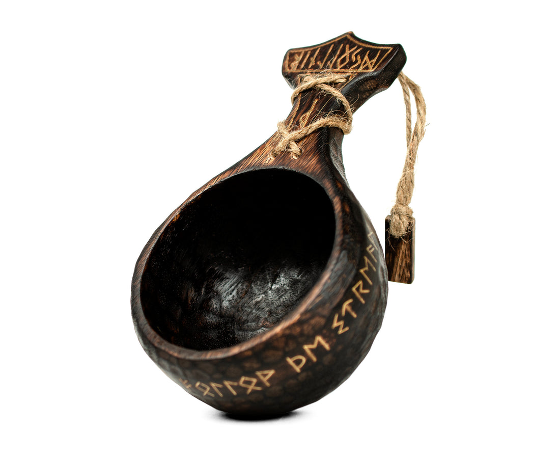 Viking Mug - Viking Hand-Engraved Walnut Kuksa Cup - Nordic Style Wooden Camping Mug - 12oz Outdoor