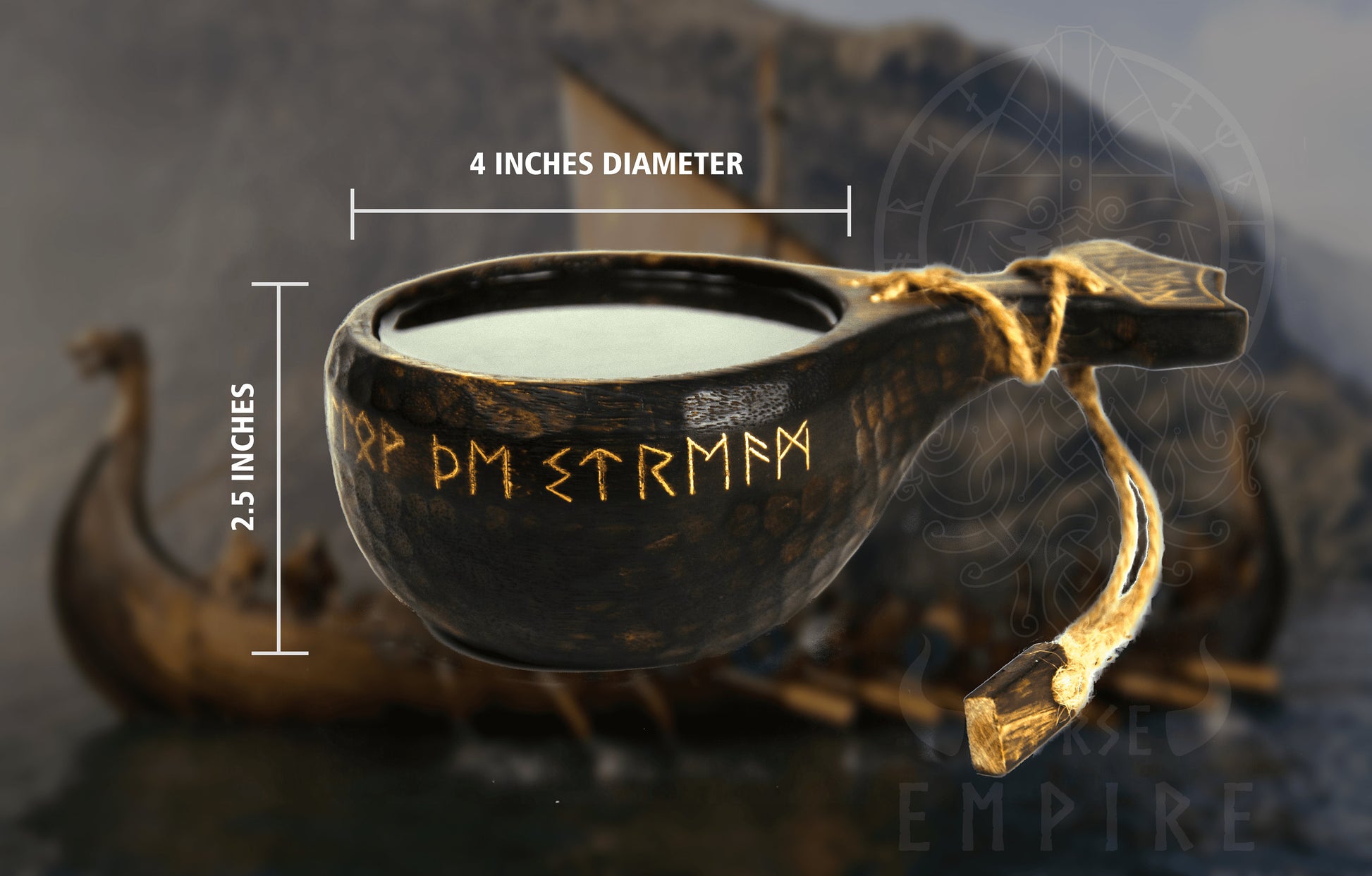 Viking Mug - Viking Hand-Engraved Walnut Kuksa Cup - Nordic Style Wooden Camping Mug - 12oz Outdoor