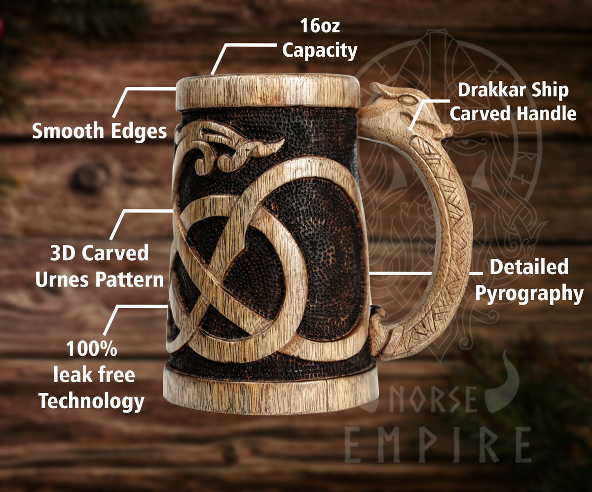 Viking Mug - Norse Empire 20oz Hand Carved Wooden Beer Mug - Urnes Style Viking Tankard