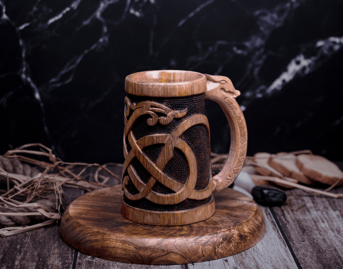 Viking Mug - Norse Empire 20oz Hand Carved Wooden Beer Mug - Urnes Style Viking Tankard