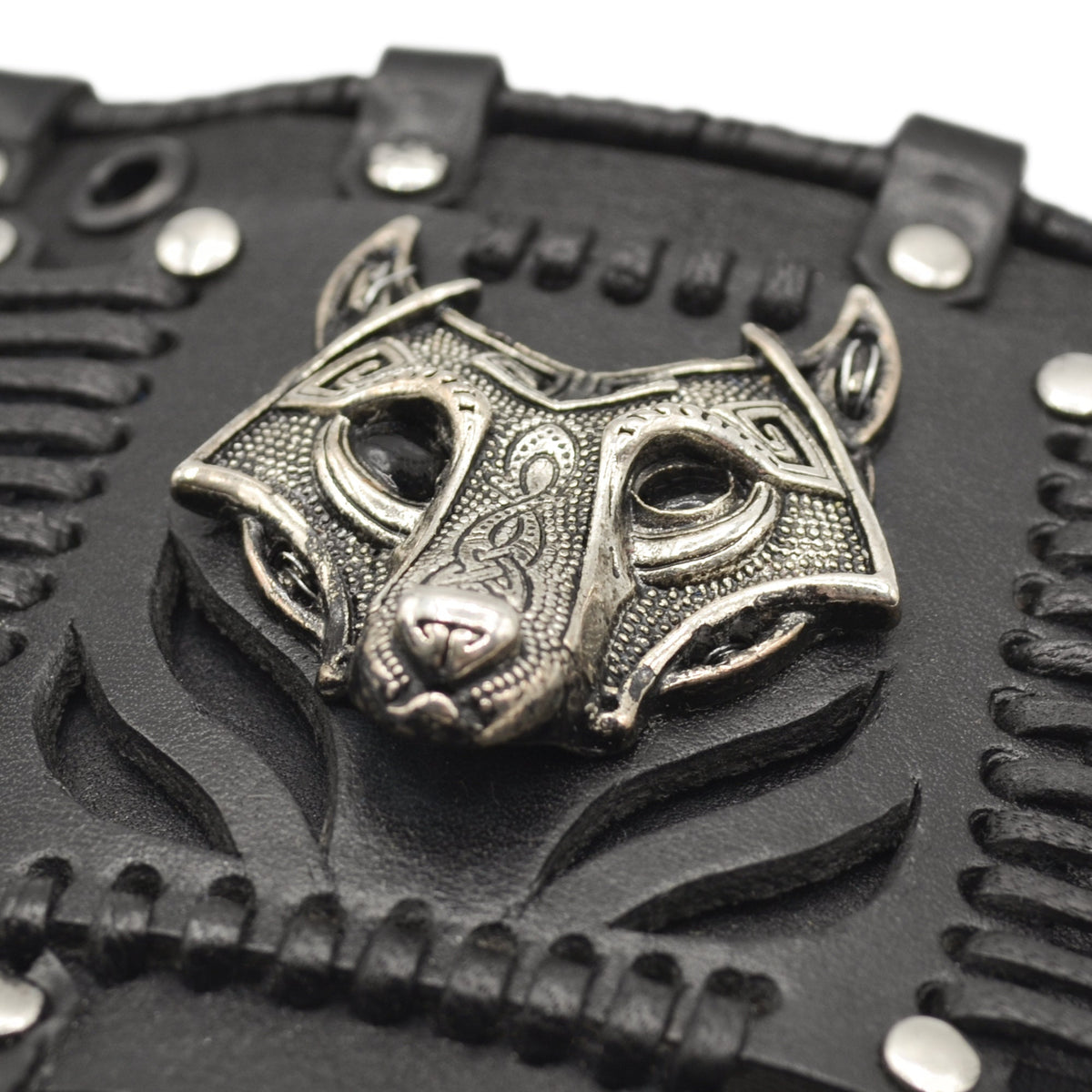 Viking Wolf Bracelet - Steampunk Black Leather Wolf Bracelet: Handmade Fenrir Accessory. Viking