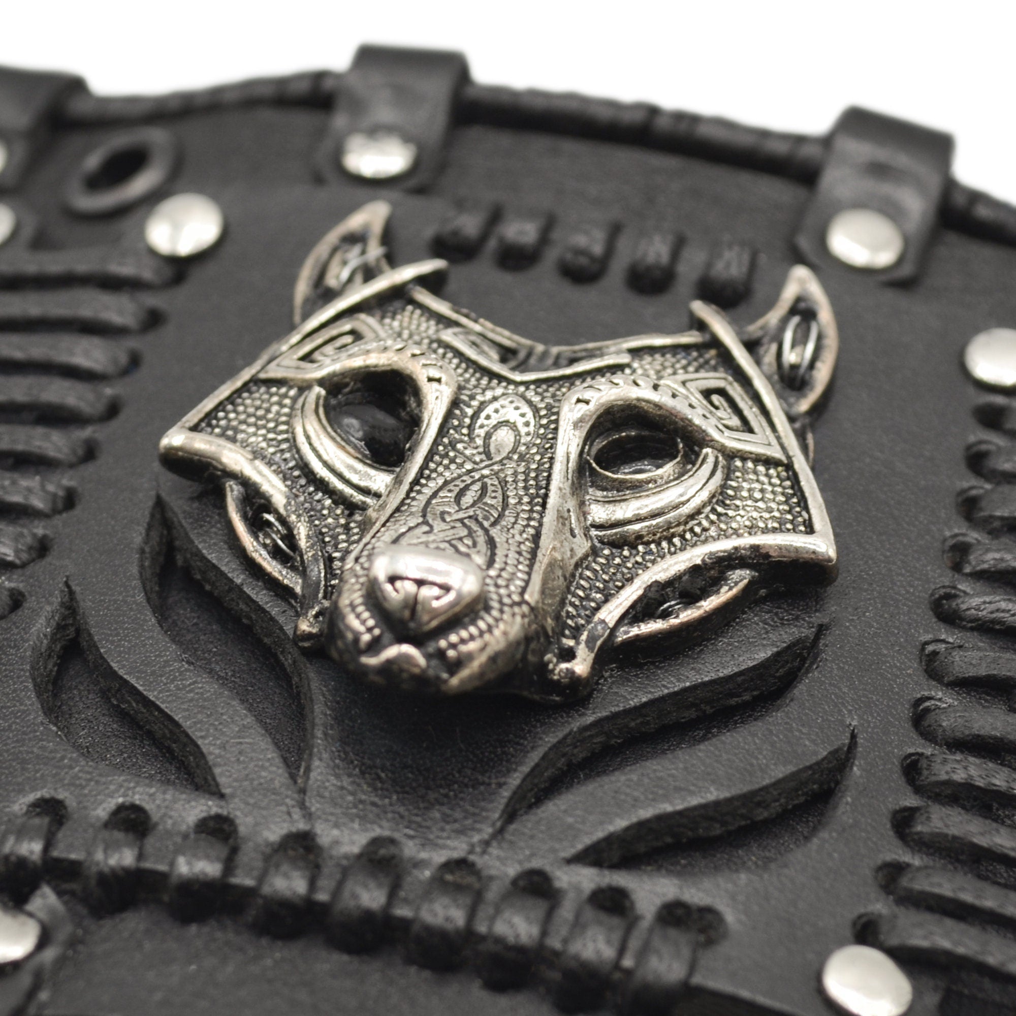 Viking Wolf Bracelet - Steampunk Black Leather Wolf Bracelet: Handmade Fenrir Accessory. Viking