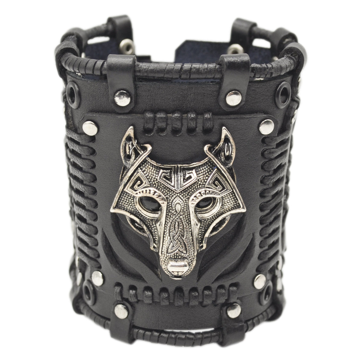 Viking Wolf Bracelet - Steampunk Black Leather Wolf Bracelet: Handmade Fenrir Accessory. Viking