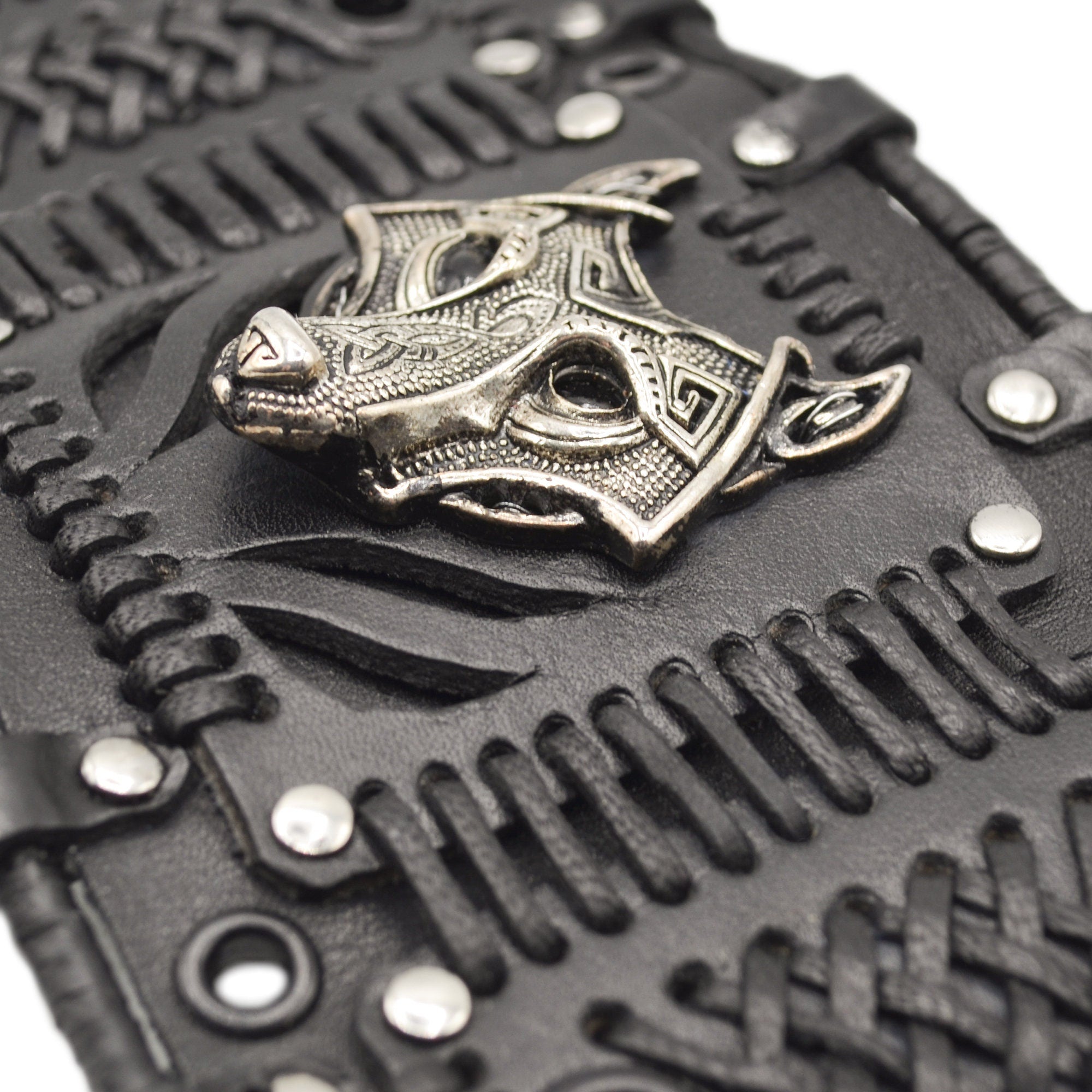 Viking Wolf Bracelet - Steampunk Black Leather Wolf Bracelet: Handmade Fenrir Accessory. Viking