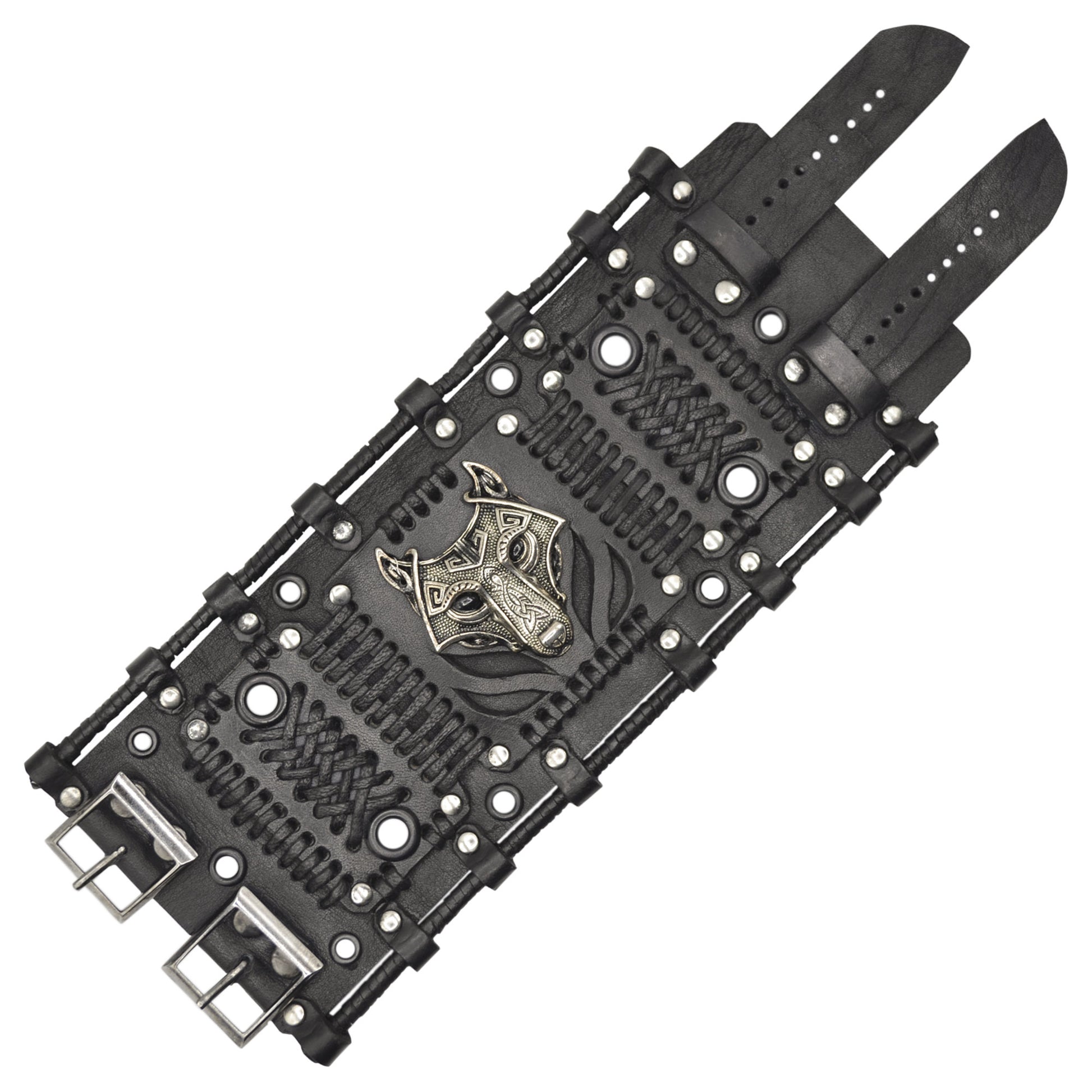Viking Wolf Bracelet - Steampunk Black Leather Wolf Bracelet: Handmade Fenrir Accessory. Viking