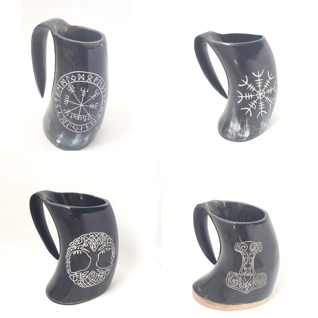 Viking Thor's Hammer Mug - Viking horn-Norse symbol engraved Horn Mugs - Vegvisir, Thor's Hammer