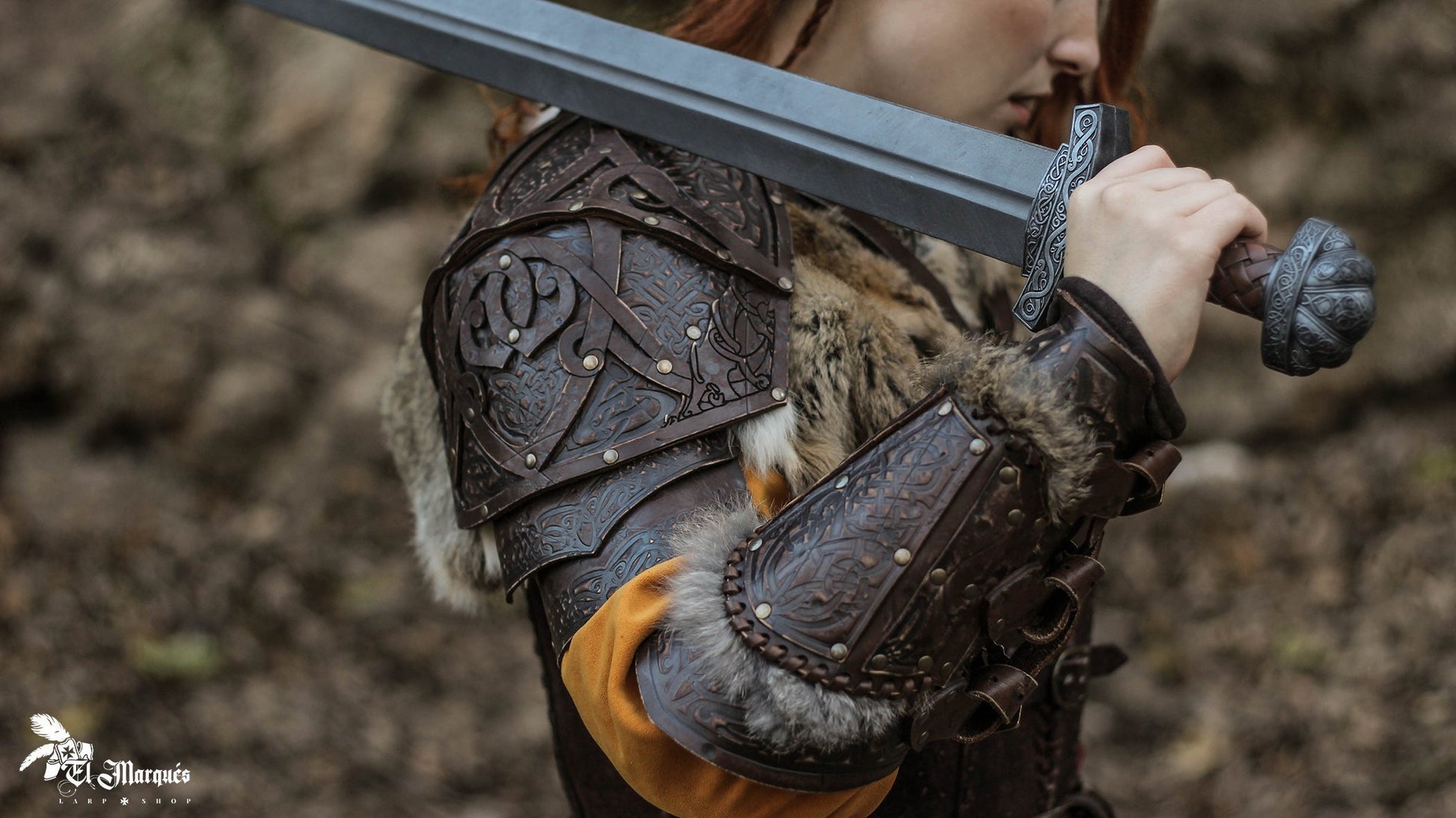 Viking Costume & LARP - 2pc Viking Fur Trim Bracers, Real Rabbit Fur Medieval Leather Arm Warmers