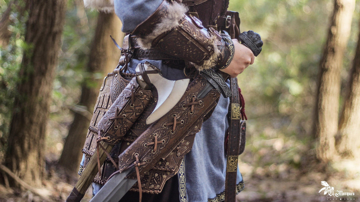 Viking Jacket - Viking Leather Vest Fur Collar Armor Medieval Norse Warrior Costume LARP Leather