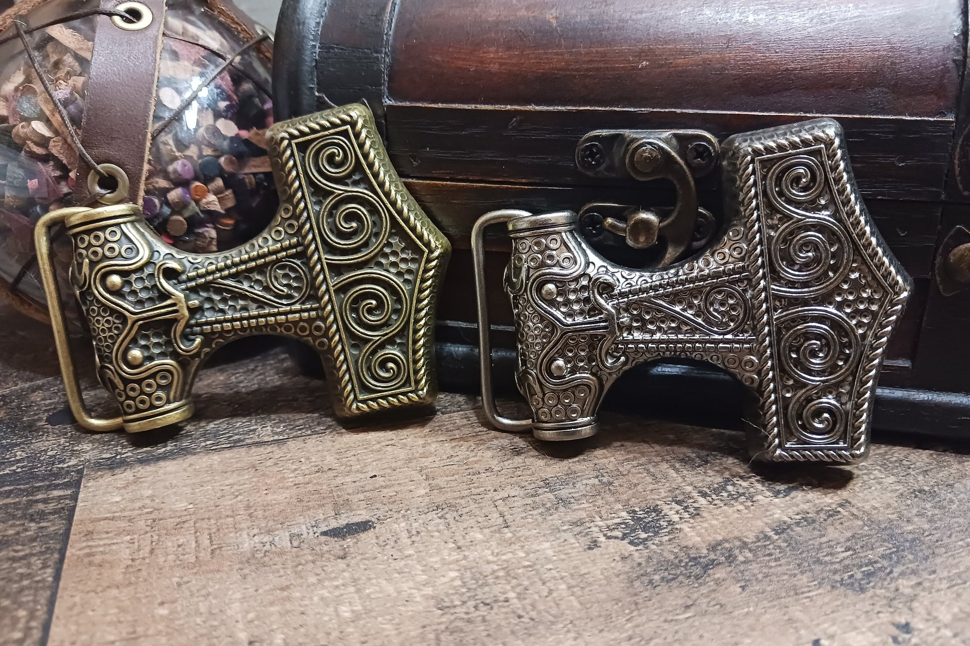 Viking Leather Accessory - Embossed Viking belt from brown or black 3, 2mm leather, with bronze