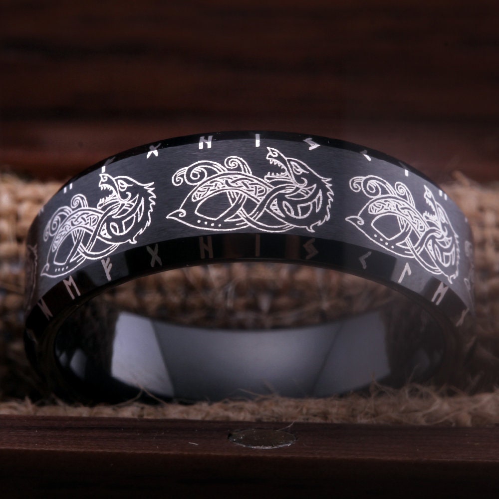 Viking Odin Ring - Sterling Viking Wolf with Runes Ring, Mens Wide Norse Wedding Ring, Braided Odin