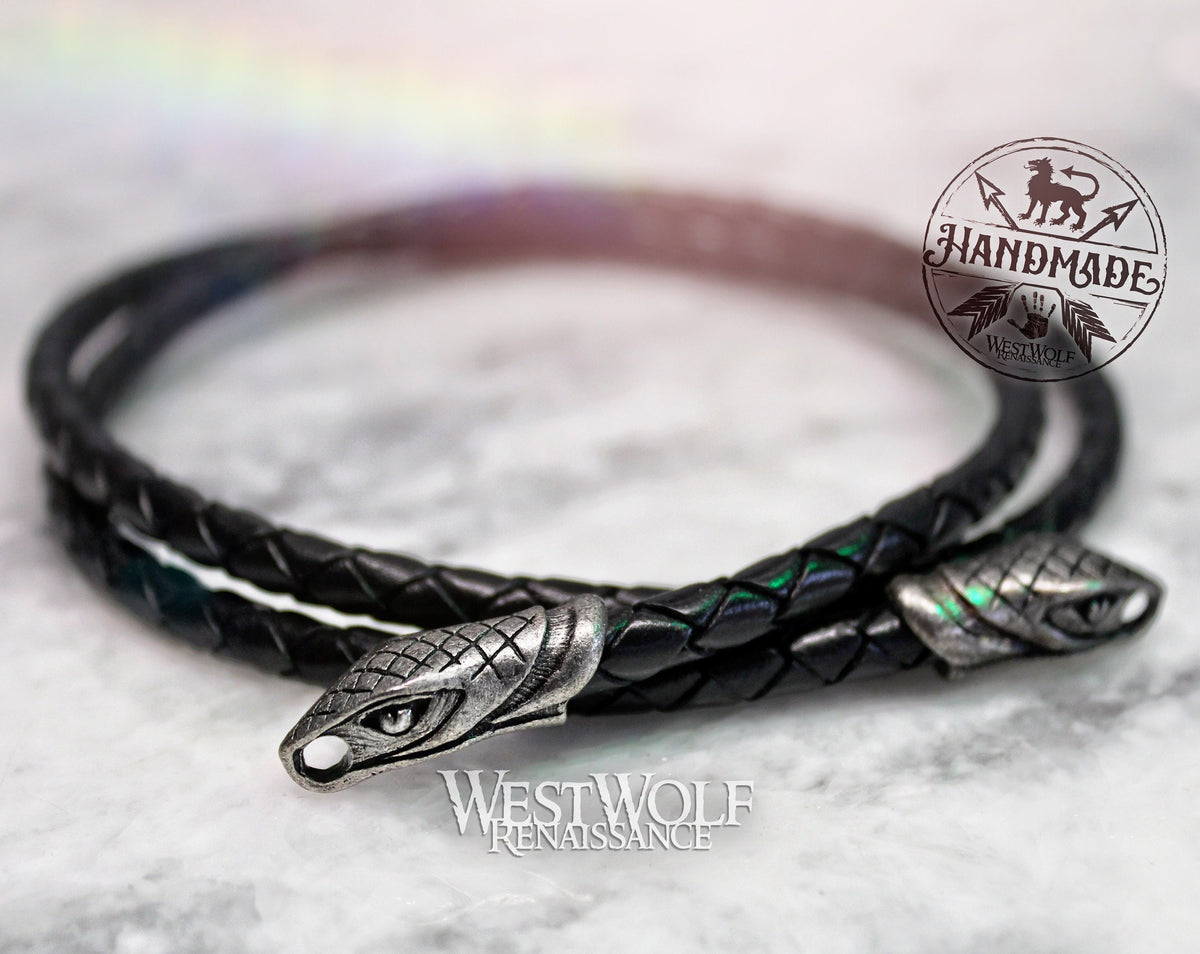 Viking Necklace - Braided Leather Dragon Necklace – Viking Necklace with Silver Dragon End Caps