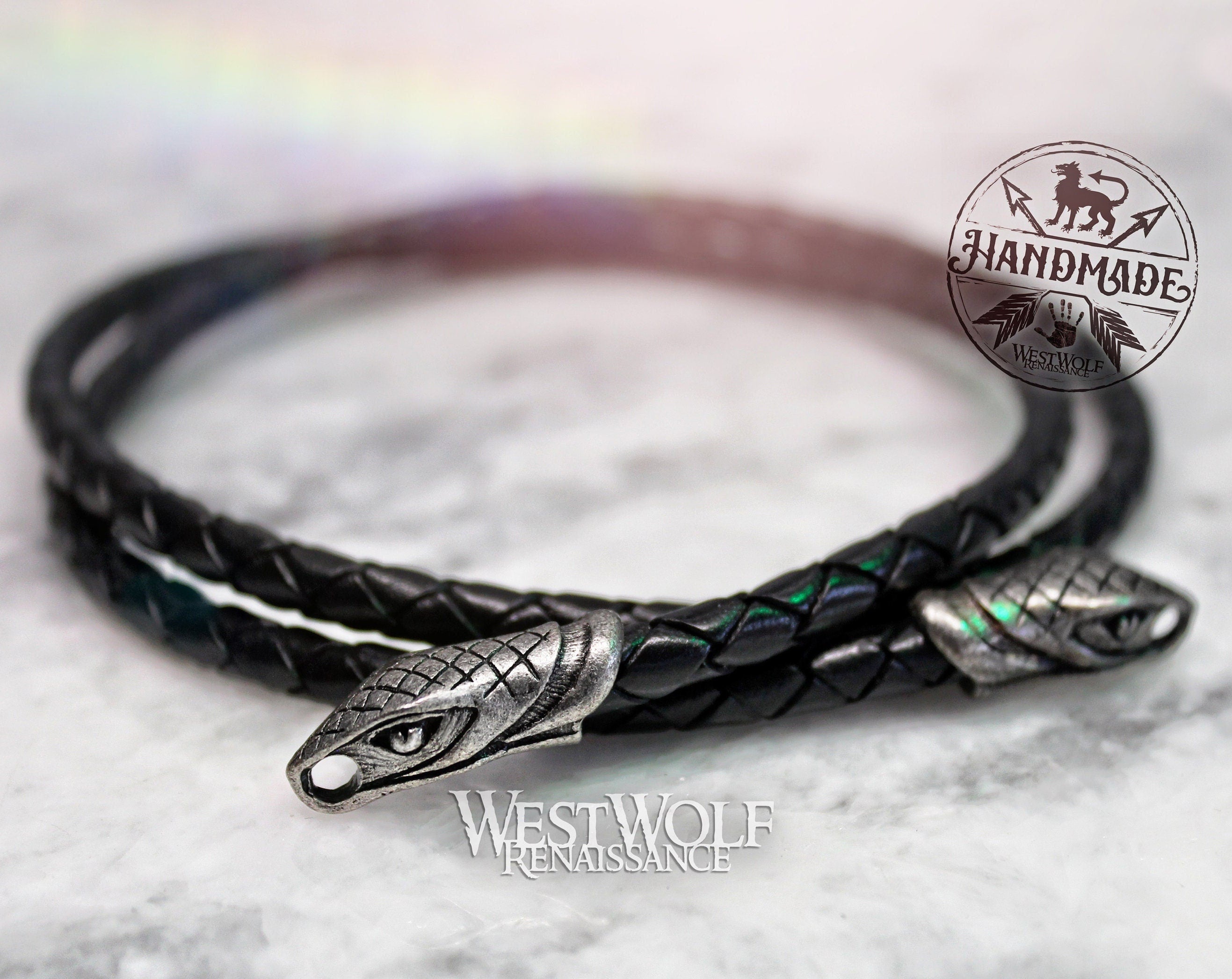 Viking Necklace - Braided Leather Dragon Necklace – Viking Necklace with Silver Dragon End Caps