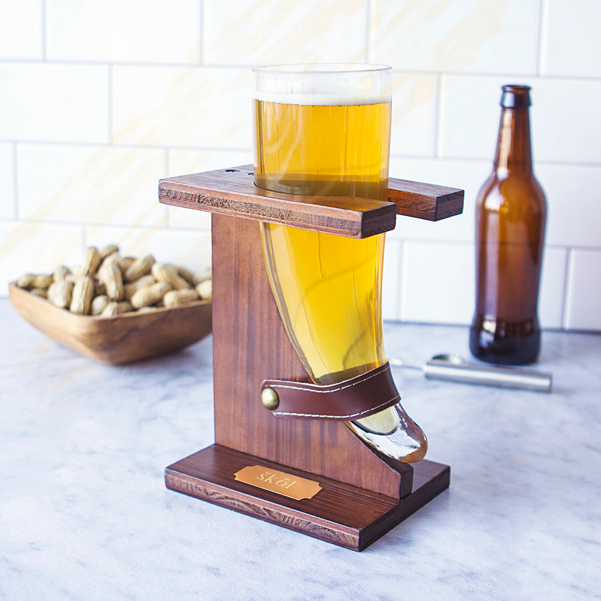 Viking Mug - Personalized Viking Beer Horn Glass with Wood Stand, Skol Gift