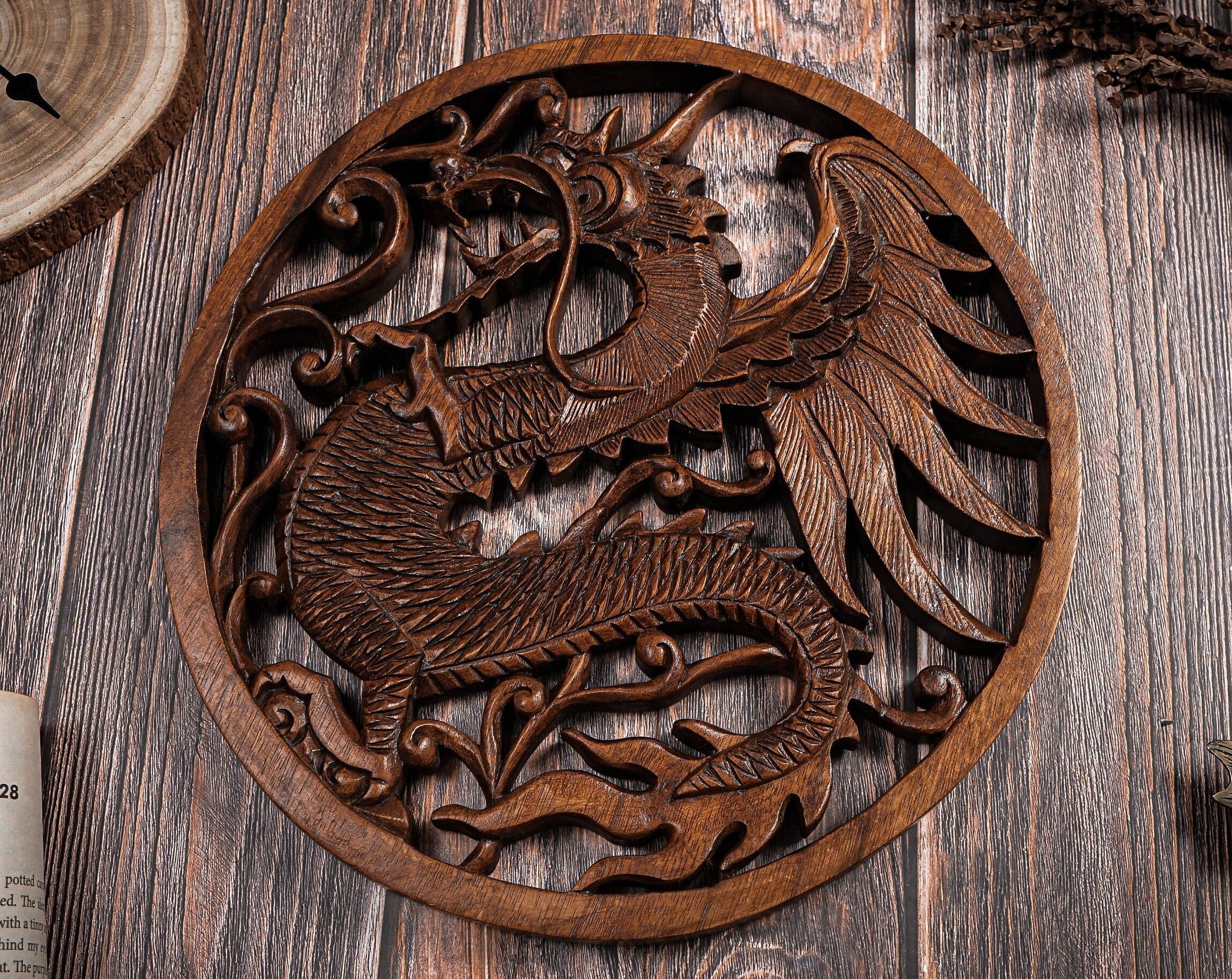 Viking Valknut Home Decor - Hand-Carved Wooden Ouroboros with Valknut, Viking Dragon Wall Decor