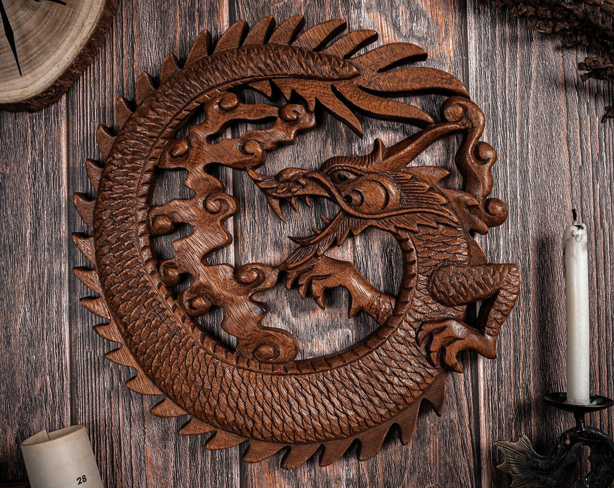 Viking Valknut Home Decor - Hand-Carved Wooden Ouroboros with Valknut, Viking Dragon Wall Decor