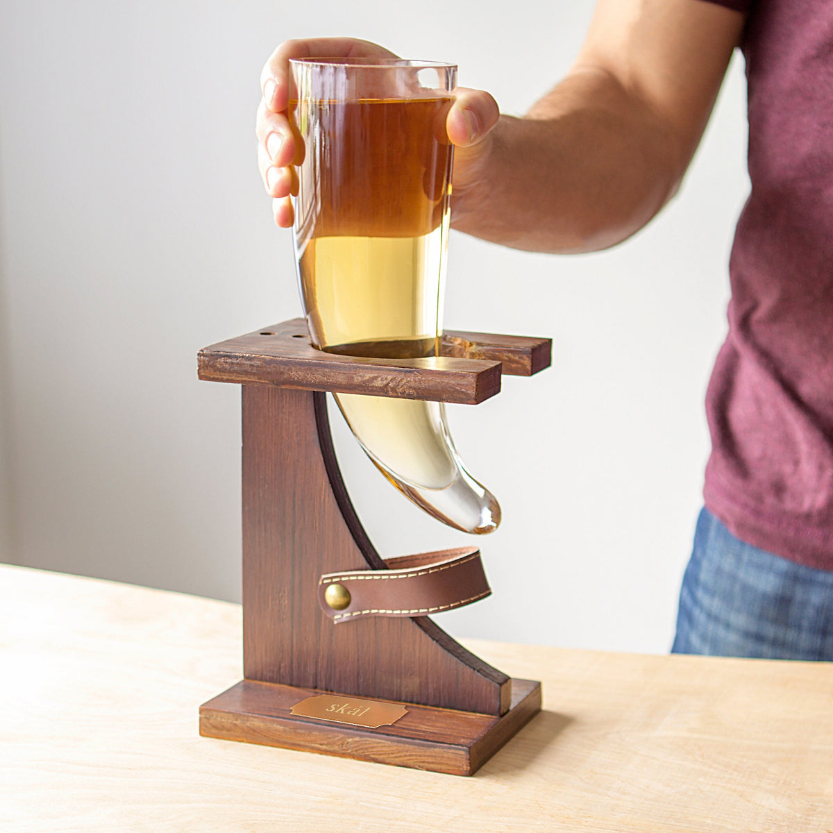 Viking Mug - Personalized Viking Beer Horn Glass with Wood Stand, Skol Gift