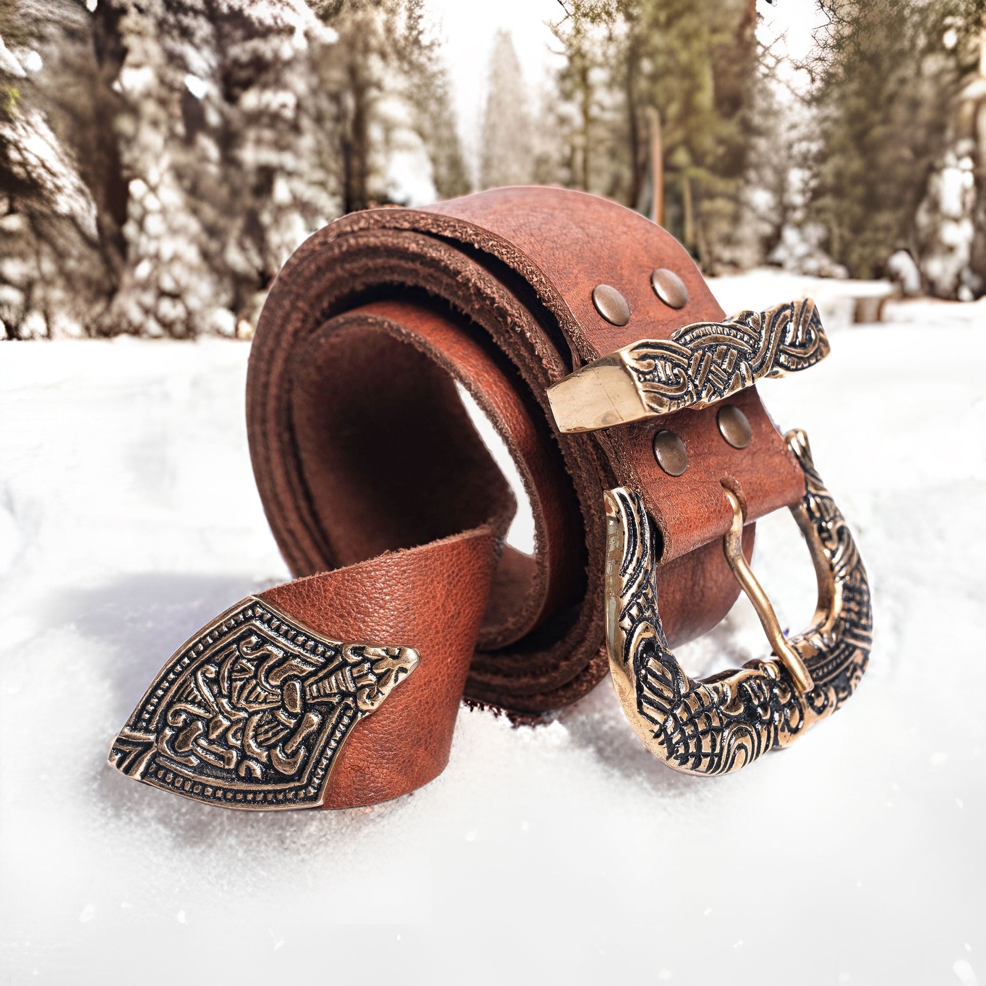 Viking Leather Accessory - Embossed Viking belt from brown or black 3, 2mm leather, with bronze