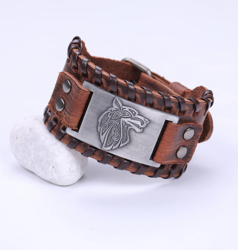 Viking Wolf Leather Accessory - Viking Tooled Leather Belt Fenrir Tyr Design