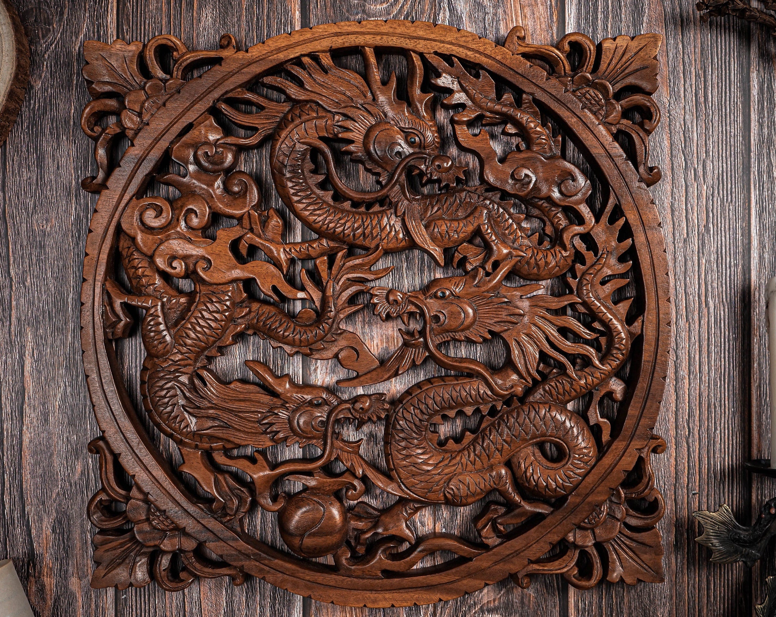 Viking Valknut Home Decor - Hand-Carved Wooden Ouroboros with Valknut, Viking Dragon Wall Decor