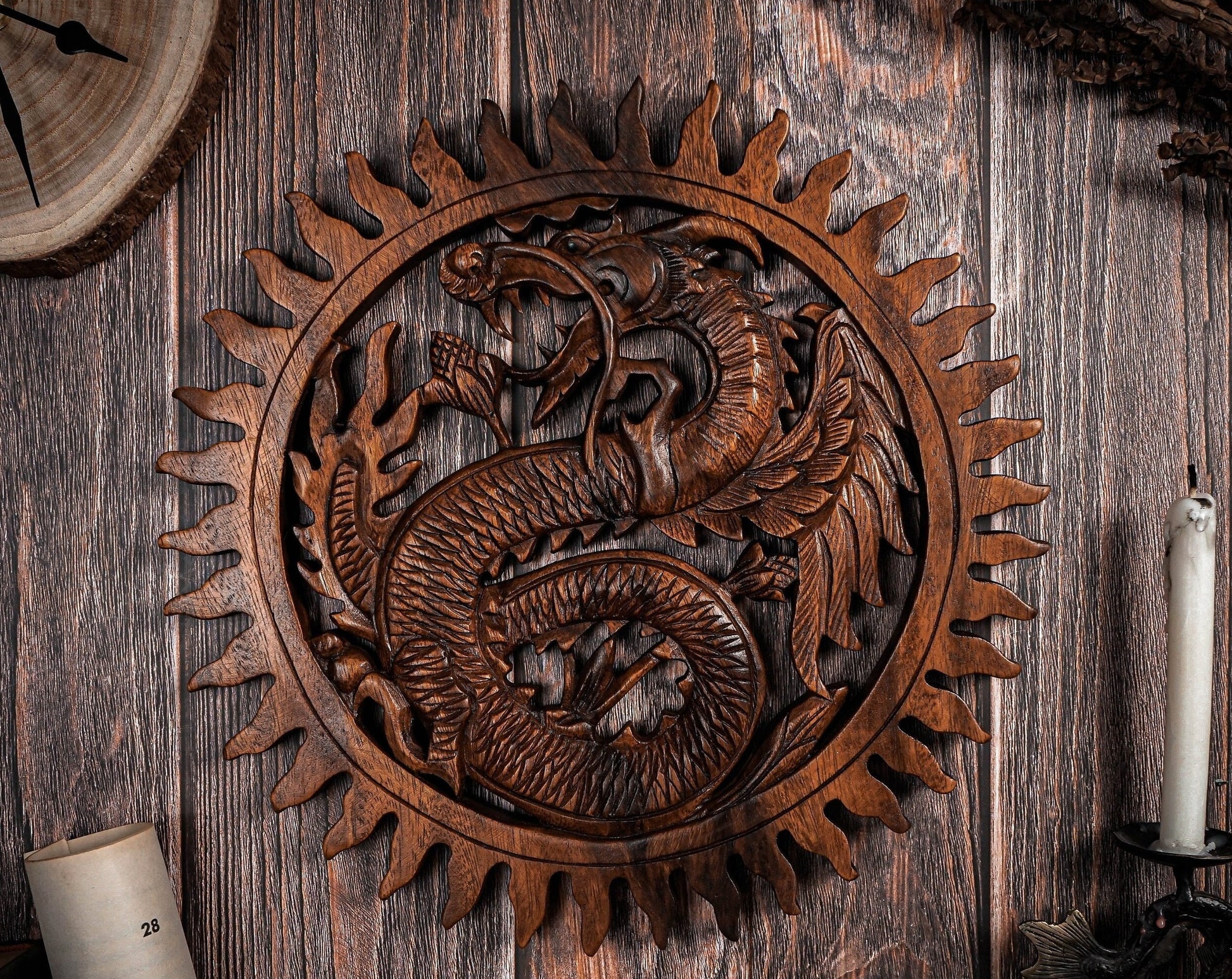 Viking Valknut Home Decor - Hand-Carved Wooden Ouroboros with Valknut, Viking Dragon Wall Decor