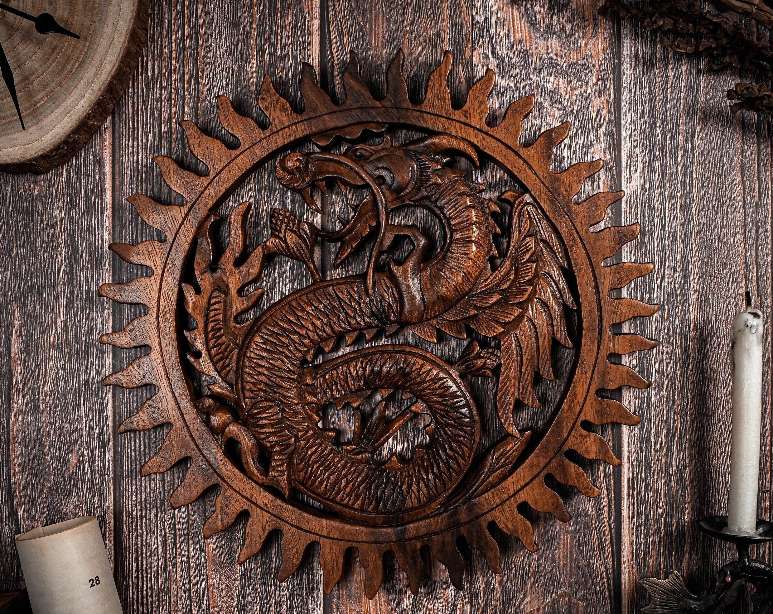 Viking Valknut Home Decor - Hand-Carved Wooden Ouroboros with Valknut, Viking Dragon Wall Decor