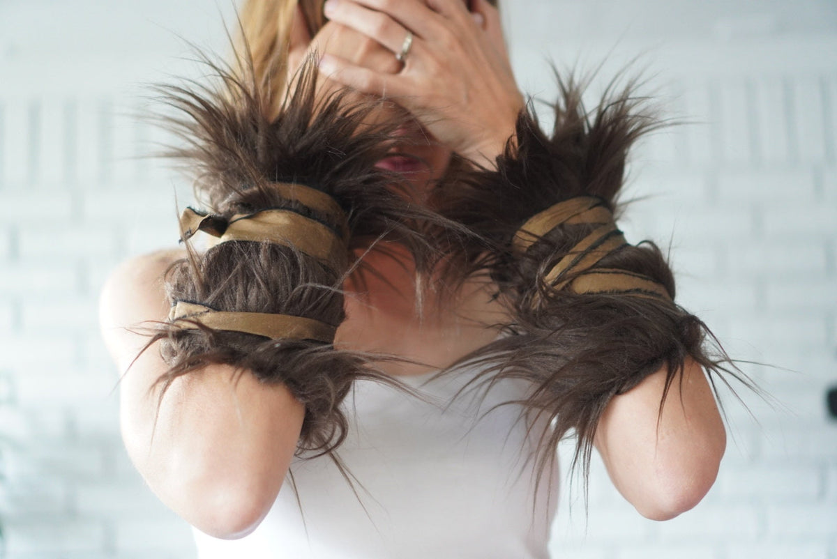 Viking Costume & LARP - 2pc Viking Fur Trim Bracers, Real Rabbit Fur Medieval Leather Arm Warmers