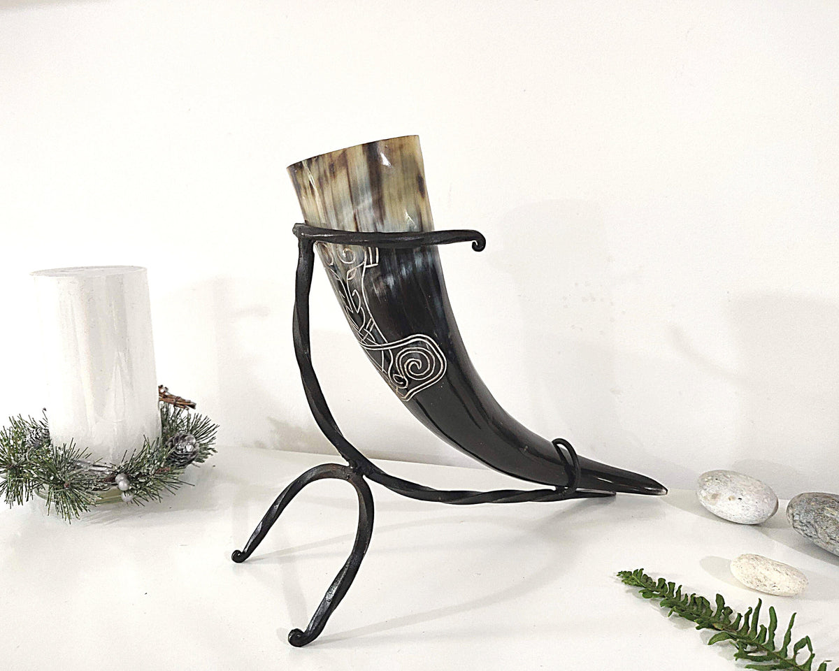 Viking Mug - Viking Drinking Horn Jormungandr Engraved, Handmade Bovine Horn Mug, Norse Mead Horn
