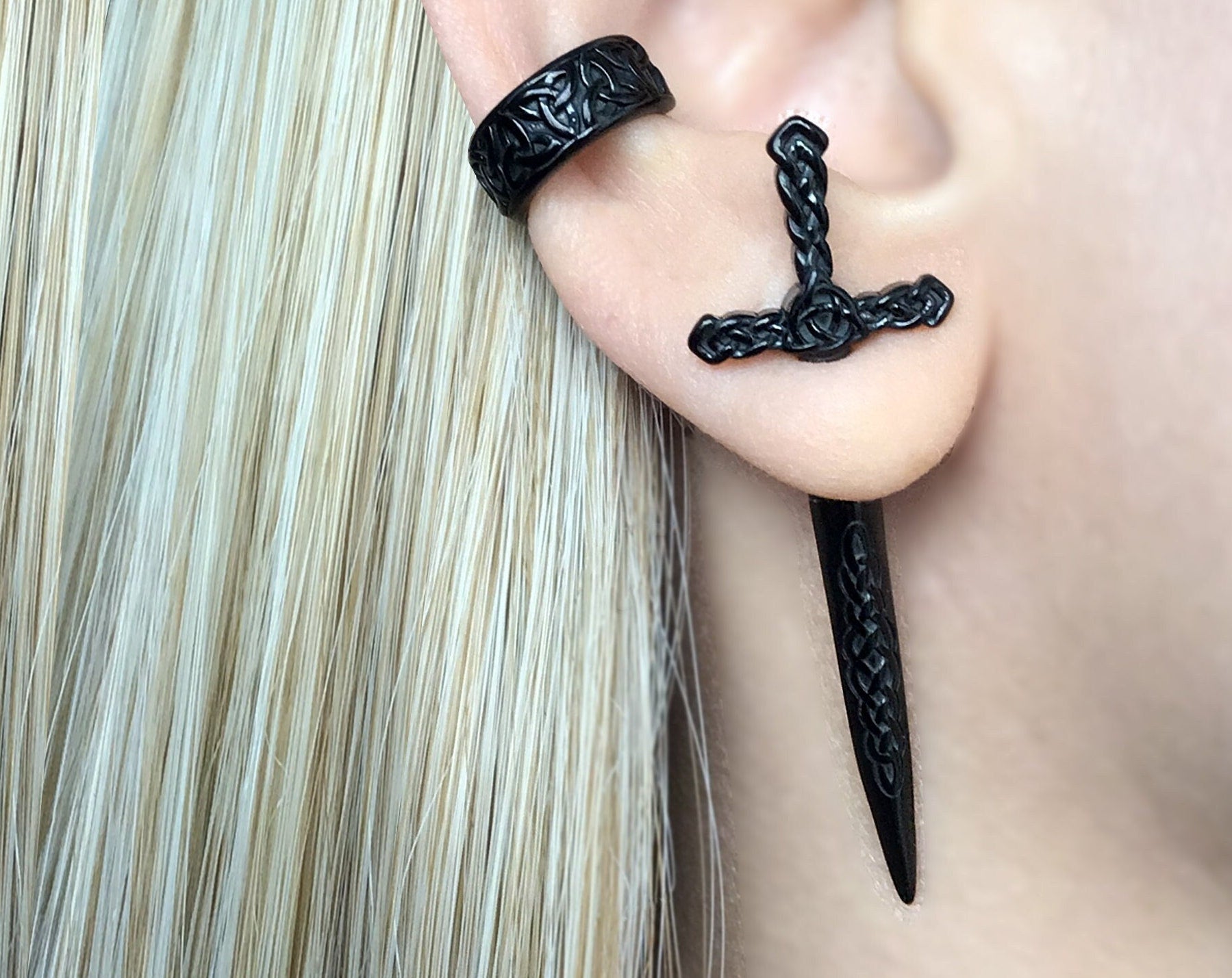 Viking Jewelry Accessory - Double Axe Ear Jacket Earrings, Stainless Steel, Celtic Norse Jewelry