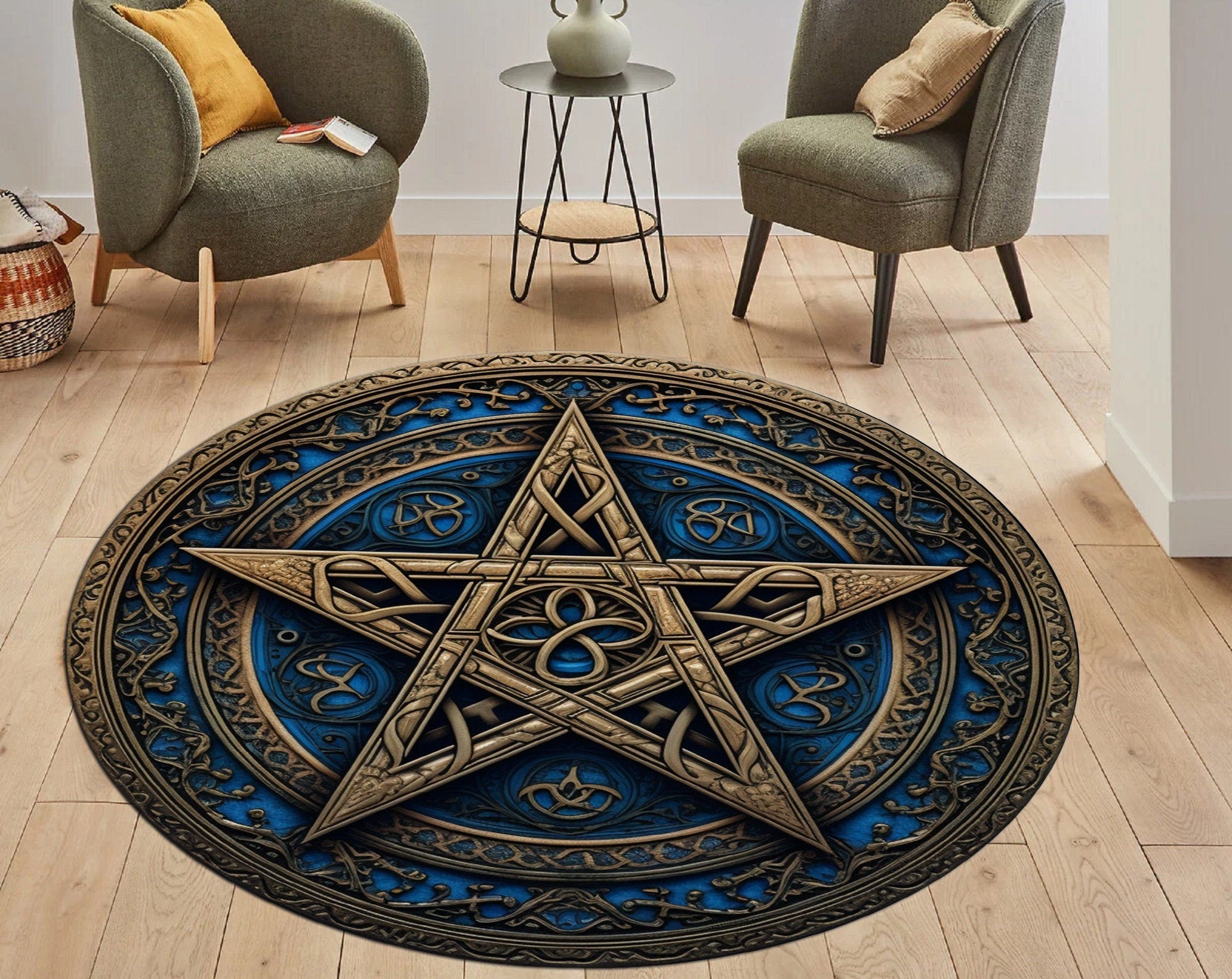Viking Odin Rug - Viking Round Rug, Norse Mythology Area Rug, Runic Circle Floor Mat, Horn of Odin