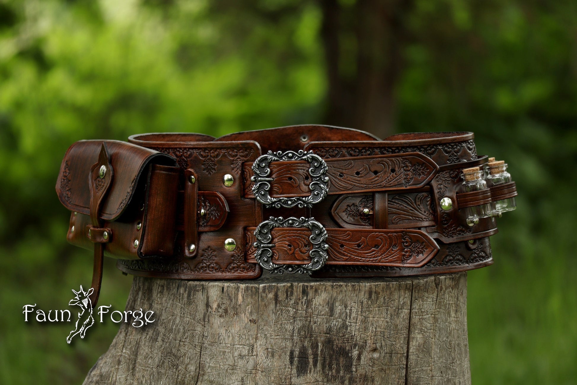 Viking Wolf Leather Accessory - Viking Tooled Leather Belt Fenrir Tyr Design