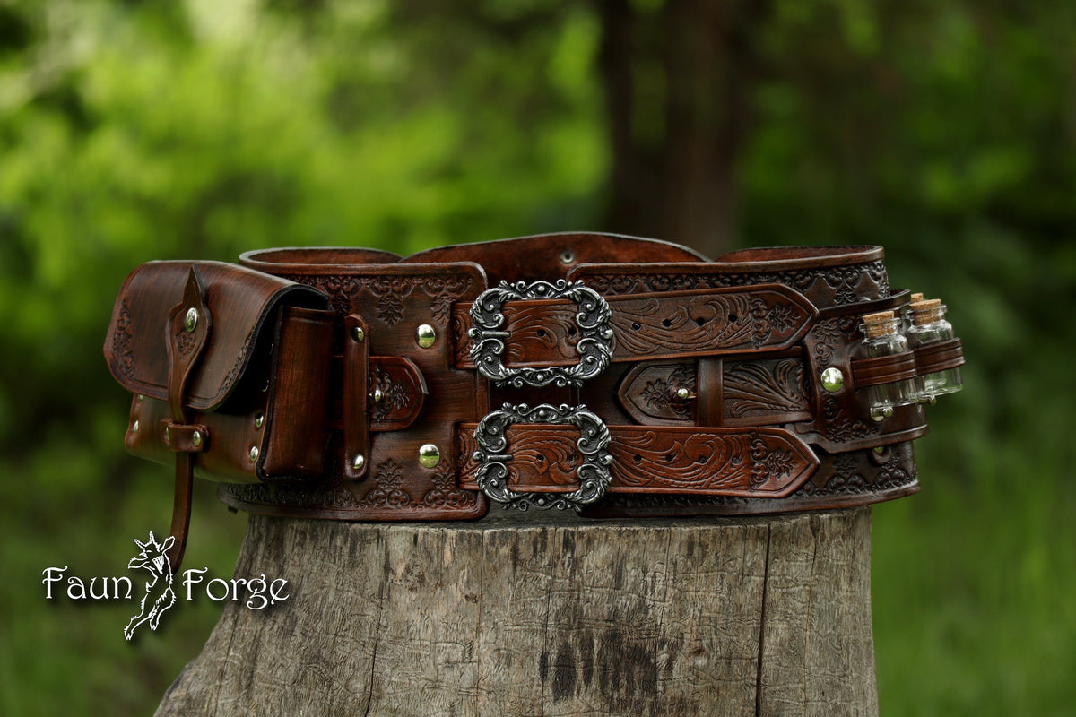 Viking Wolf Leather Accessory - Viking Tooled Leather Belt Fenrir Tyr Design