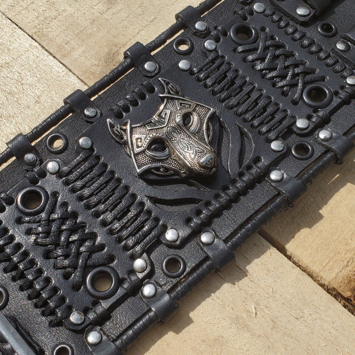 Viking Wolf Bracelet - Steampunk Black Leather Wolf Bracelet: Handmade Fenrir Accessory. Viking
