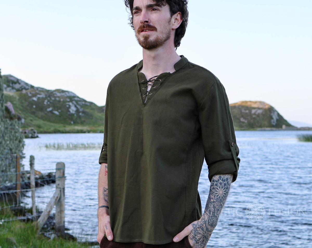 Viking T-Shirt - Green Viking tunic with leather details, Viking tunic for reenactment, LARP, and
