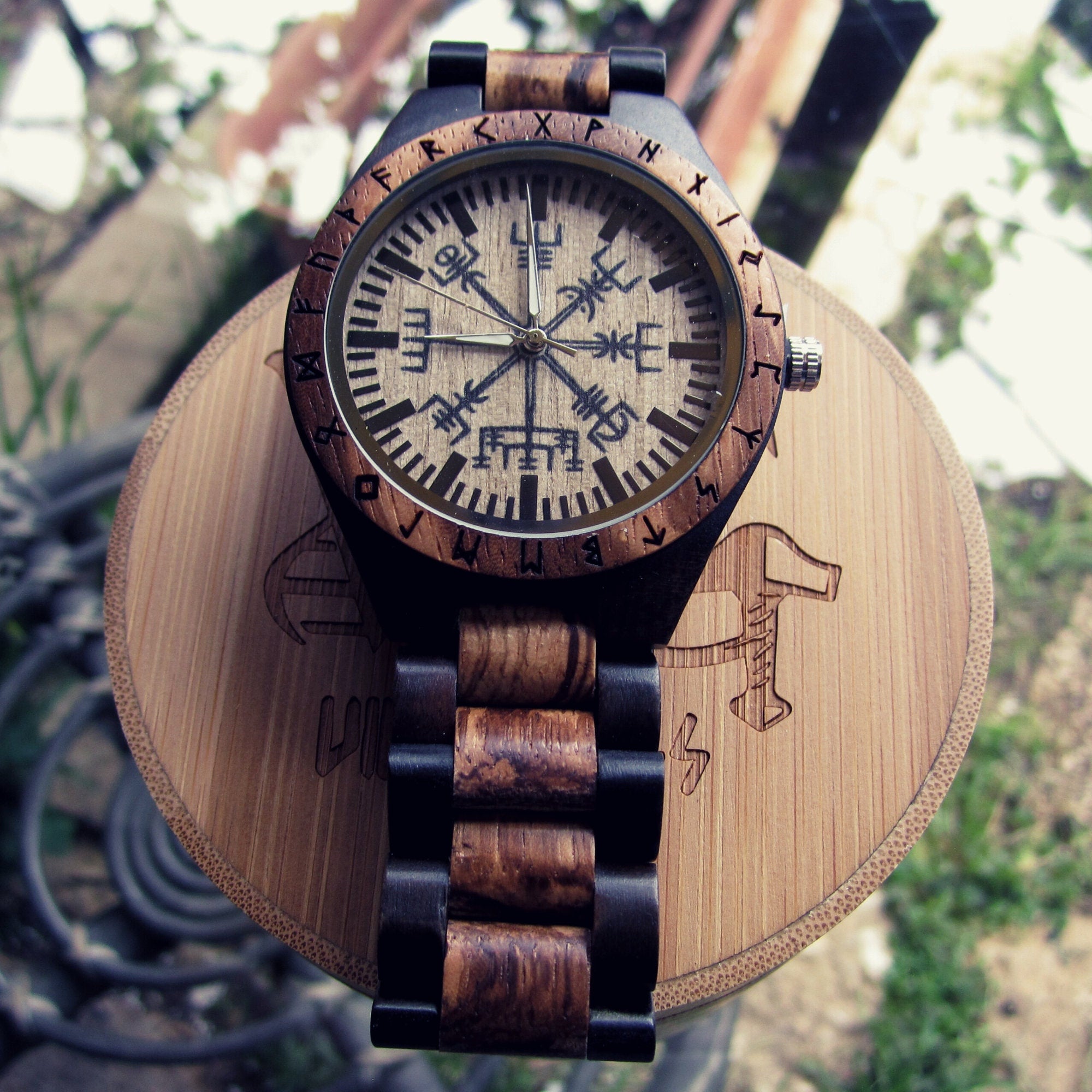 Viking Leather Accessory - Viking Compass Watch, Wooden Engraved, Groomsmen Gift, Personalized