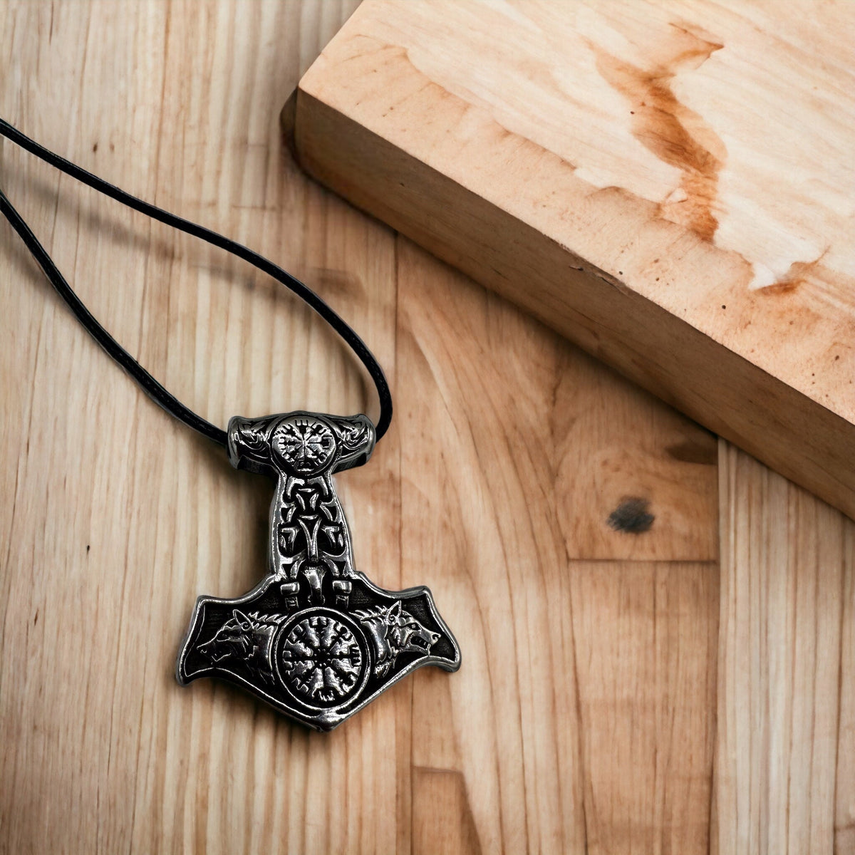 Viking Thor's Hammer Necklace - Gold Mjolnir Necklace with Wolf Heads, Viking Thor Hammer Pendant