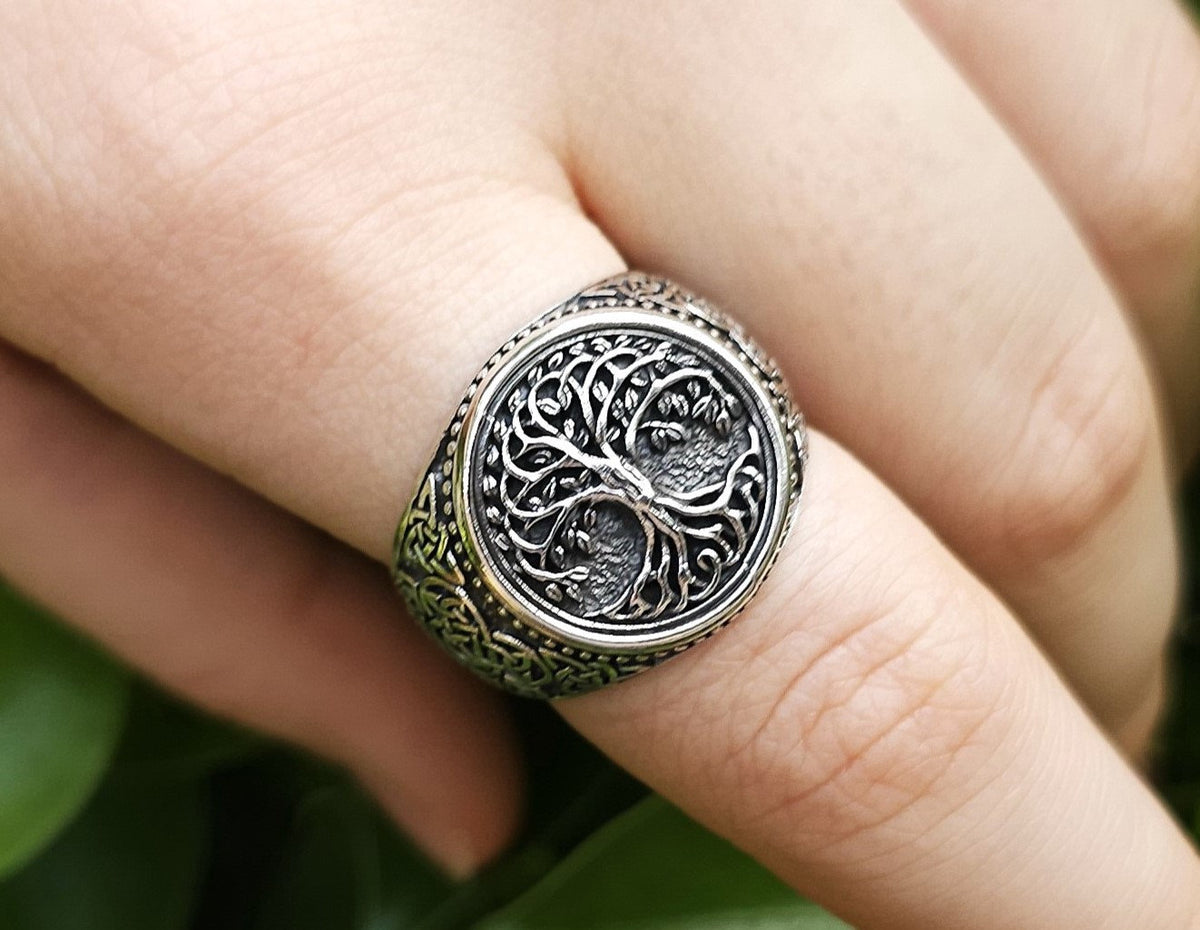 Viking Rune Ring - Viking Tree of Life Ring Mens Titanium Steel Celtic Knot Band Rustic Norse Rune