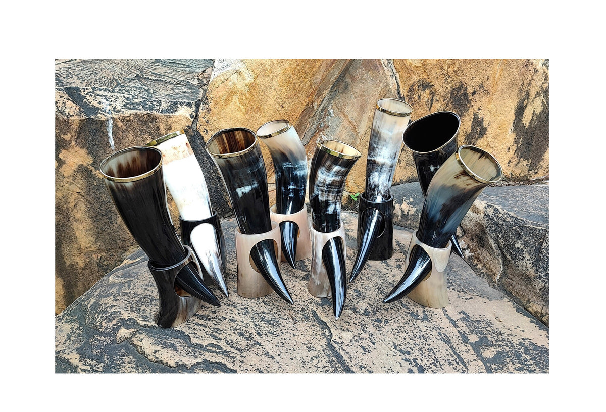 Viking Home Decor - Pack of 8 Handmade Viking Large Horn Mugs, Medieval Tankards, Ale Mead Beer