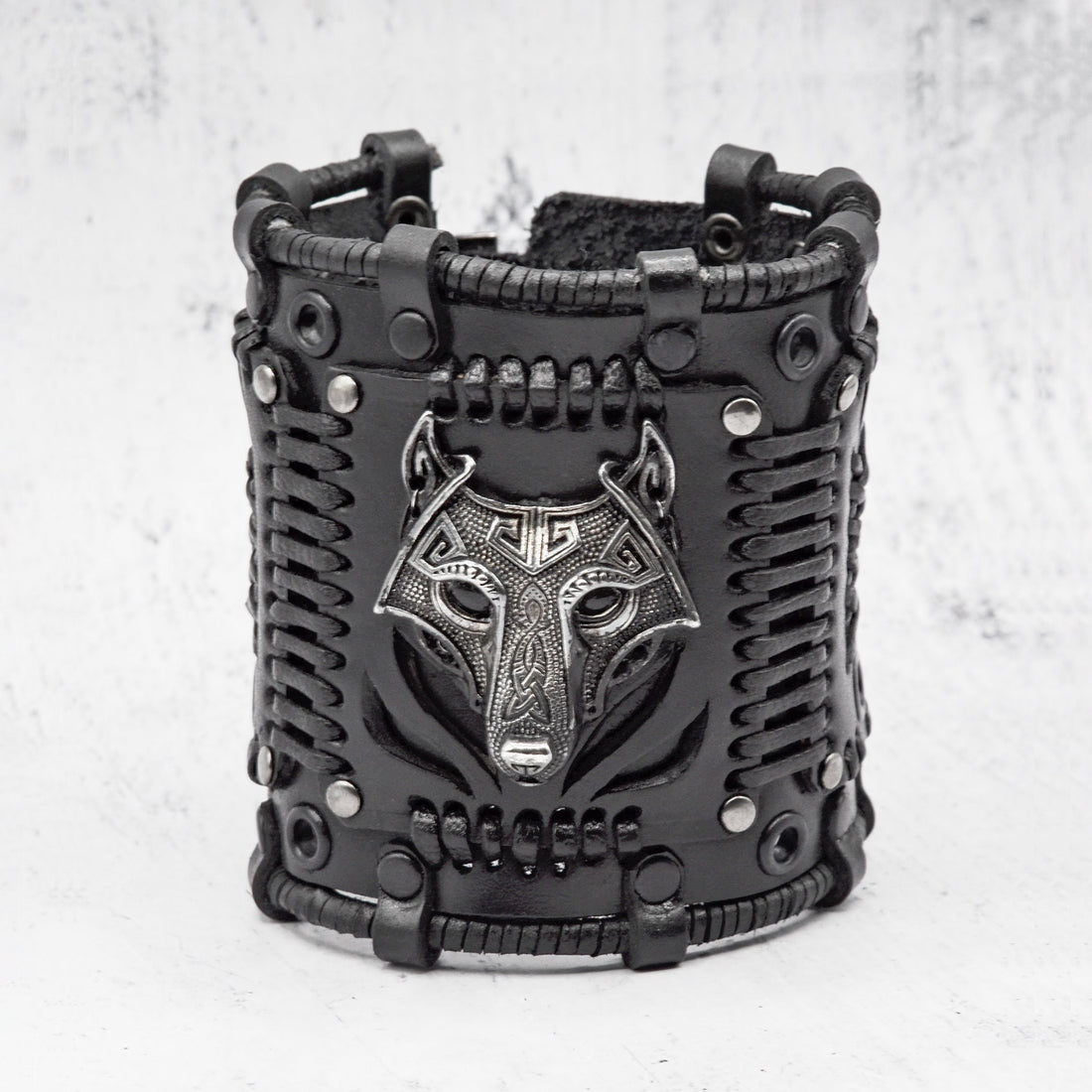 Viking Wolf Bracelet - Steampunk Black Leather Wolf Bracelet: Handmade Fenrir Accessory. Viking