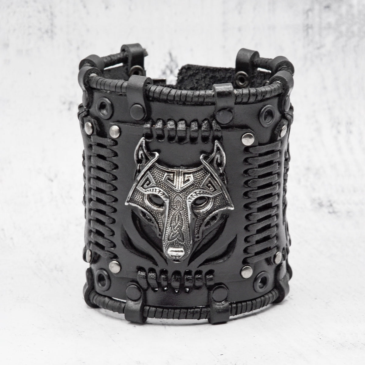 Viking Vegvisir Compass Bracelet - Steampunk Vegvisir Bracelet: Black Leather Viking Style Cuff