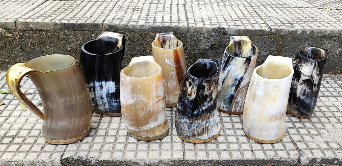 Viking Home Decor - Pack of 8 Handmade Viking Large Horn Mugs, Medieval Tankards, Ale Mead Beer