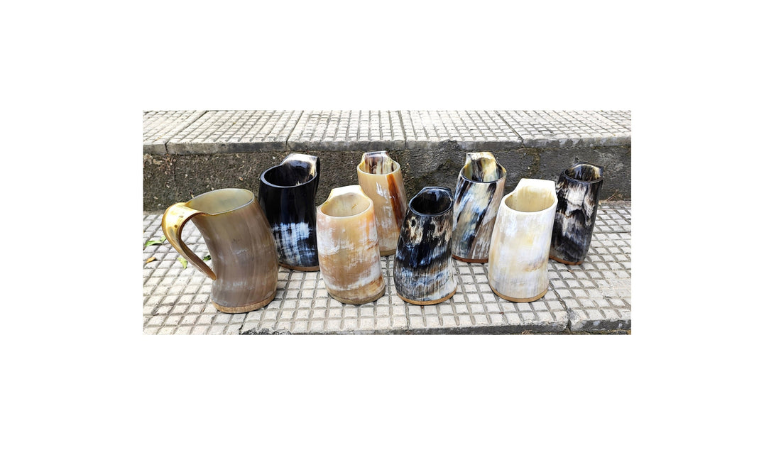 Viking Home Decor - Pack of 8 Handmade Viking Large Horn Mugs, Medieval Tankards, Ale Mead Beer