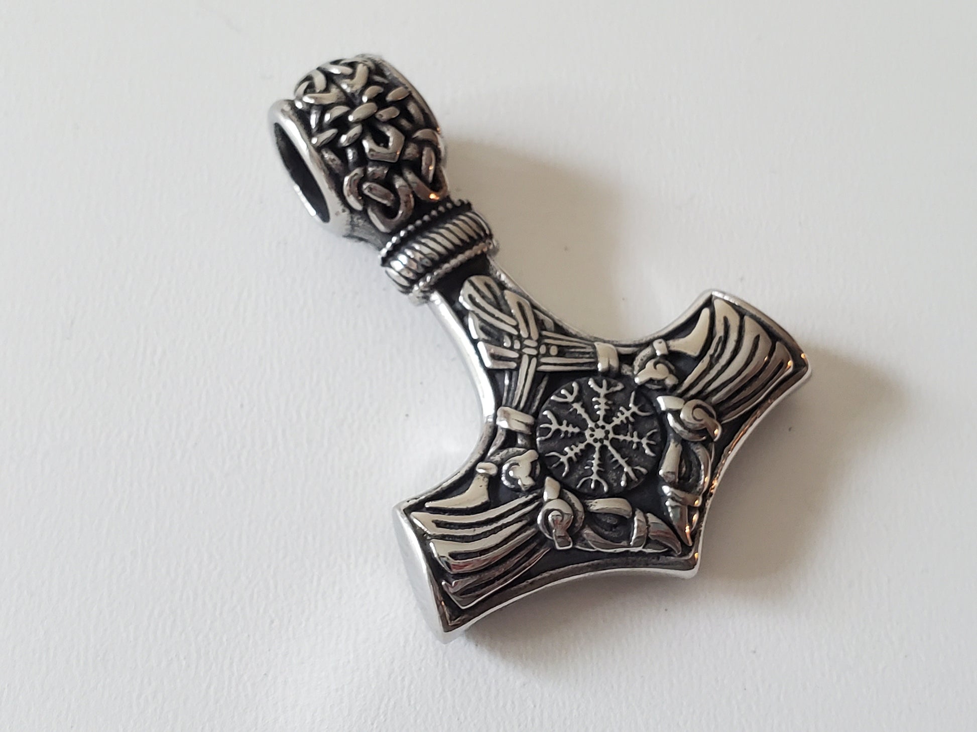 Viking Thor's Hammer Necklace - Gold Mjolnir Necklace with Wolf Heads, Viking Thor Hammer Pendant
