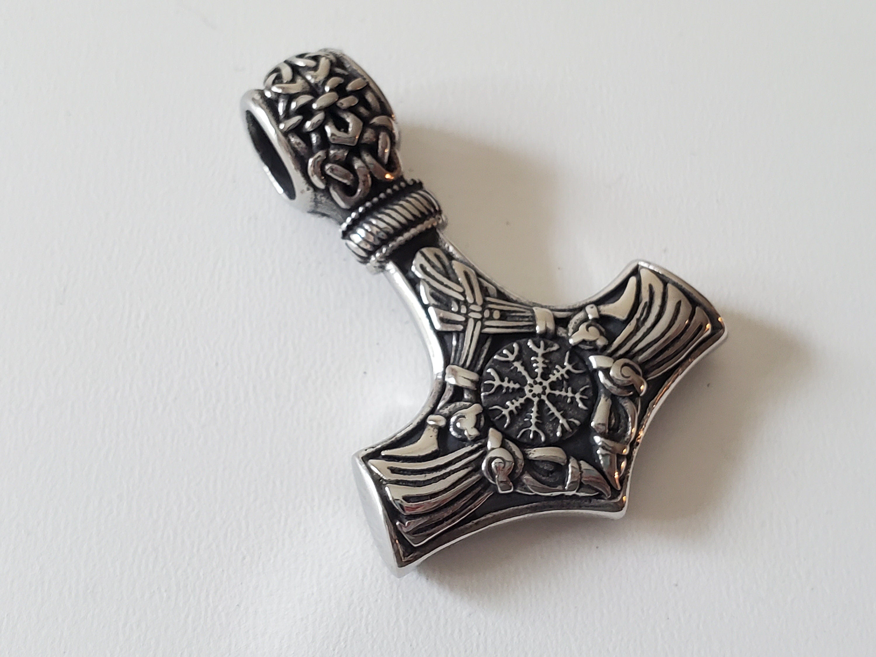 Viking Thor's Hammer Necklace - Gold Mjolnir Necklace with Wolf Heads, Viking Thor Hammer Pendant