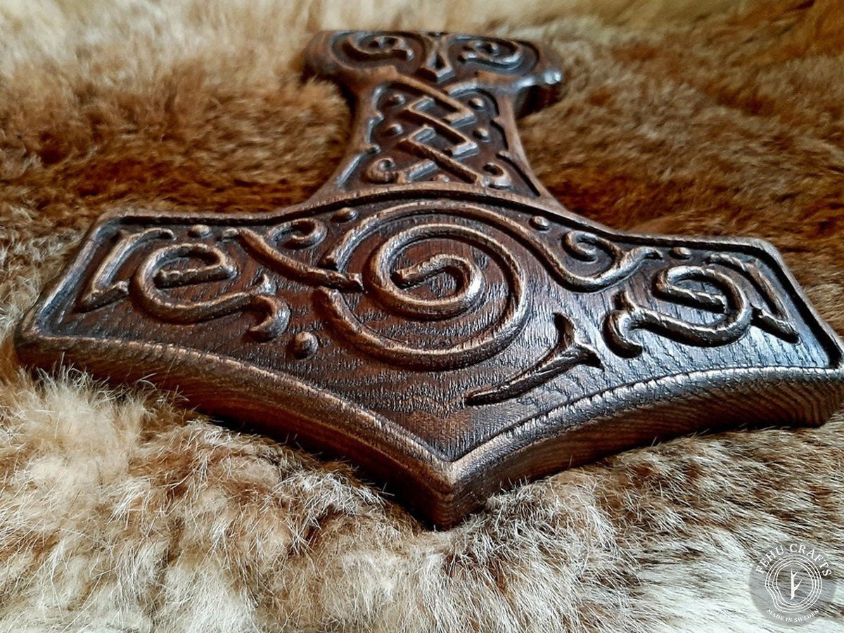 Viking Thor's Hammer Home Decor - Thor’s Hammer Mjölnir – Wooden Viking Pagan Altar Piece in Aged